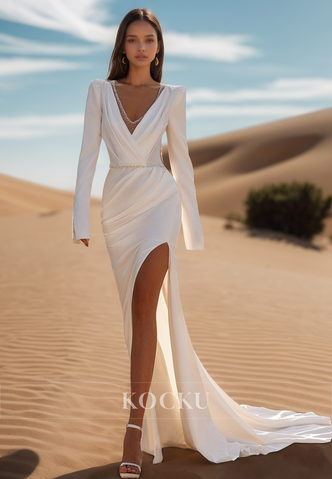 Classic Long Sleeves V-Neck Sheath Beaded Satin Beach Wedding Dress Boho Gown with Slit