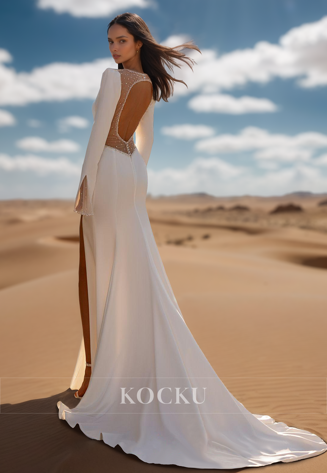 Classic Long Sleeves V-Neck Sheath Beaded Satin Beach Wedding Dress Boho Gown with Slit