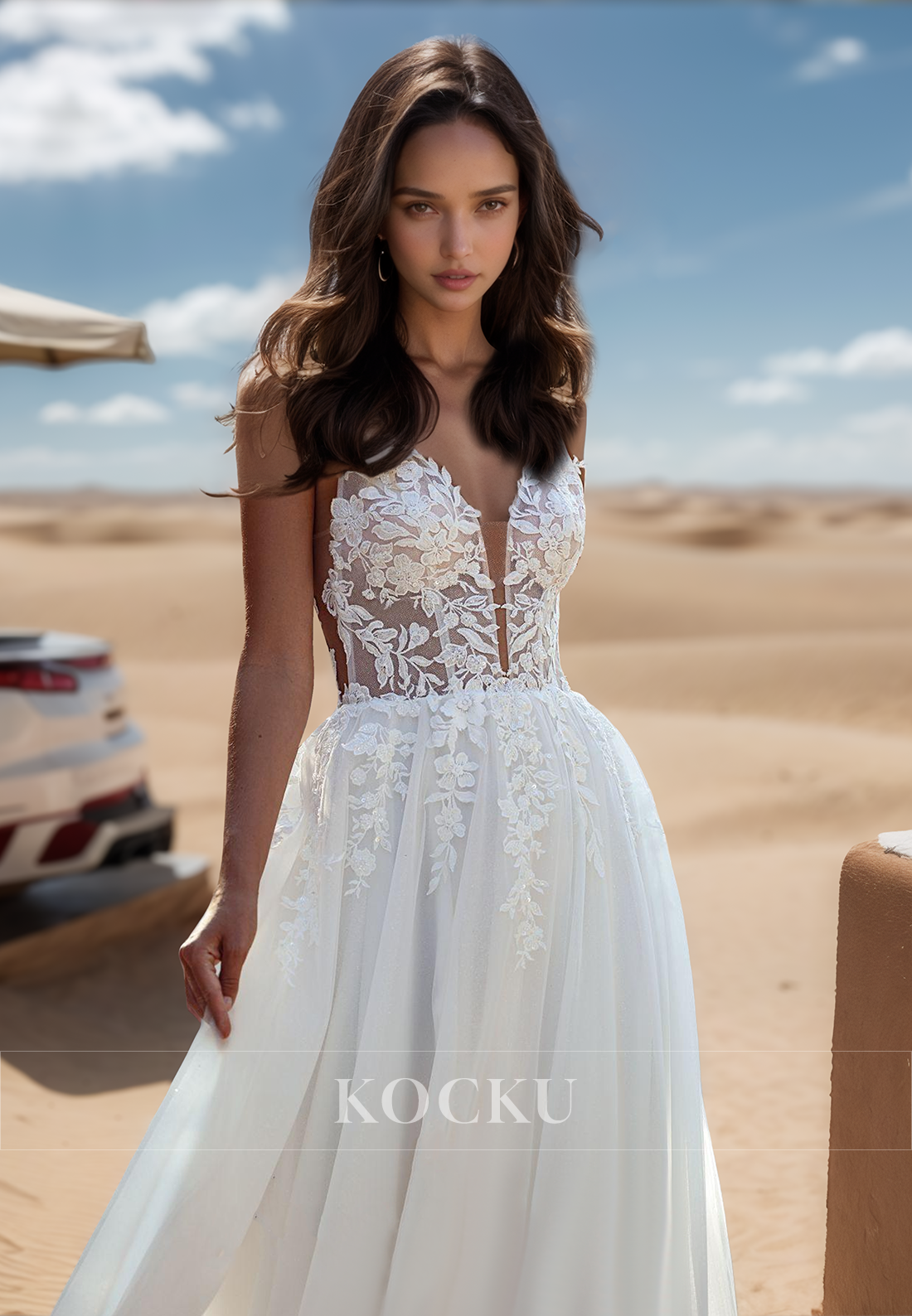 Bohemian A-Line V-Neck Straps Sleeveless Pleats Lace Beach Wedding Gowns with Appliques