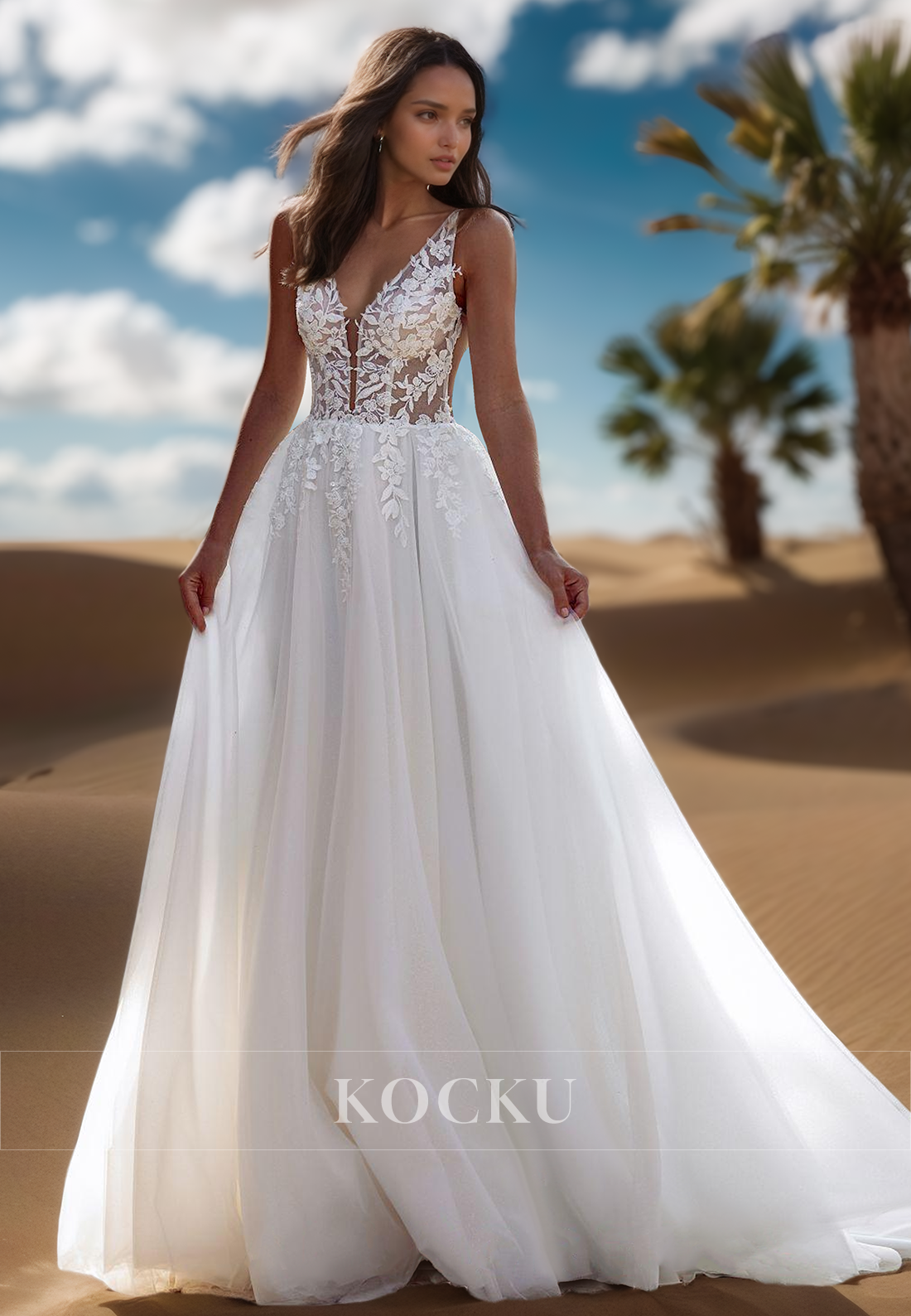 Bohemian A-Line V-Neck Straps Sleeveless Pleats Lace Beach Wedding Gowns with Appliques