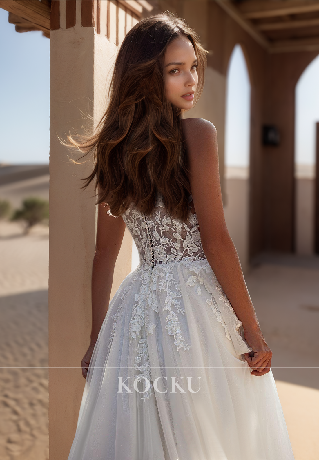 Bohemian A-Line V-Neck Straps Sleeveless Pleats Lace Beach Wedding Gowns with Appliques