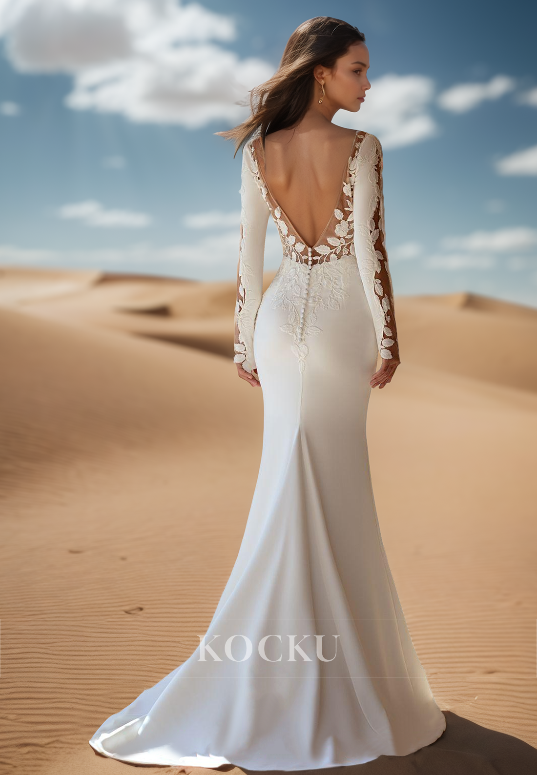 Graceful Long Sleeves V-Neck Mermaid Appliques Satin Bridal Gowns with Train Wedding Dress