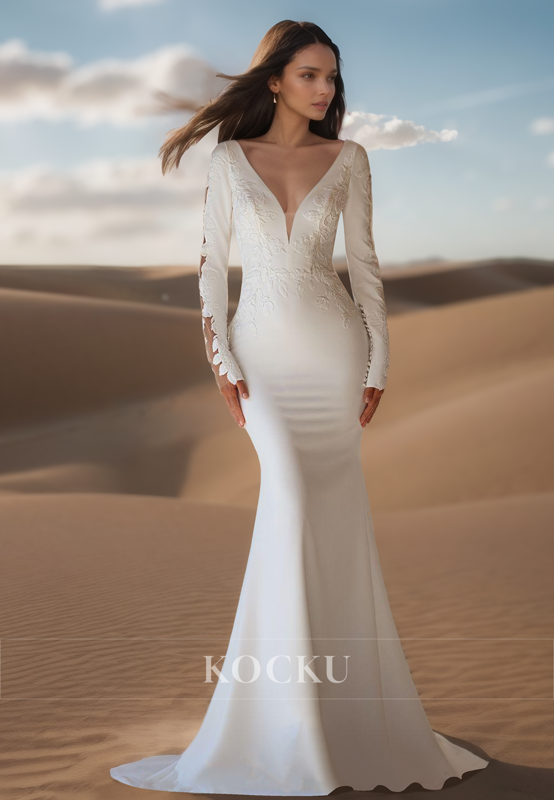 Graceful Long Sleeves V-Neck Mermaid Appliques Satin Bridal Gowns with Train Wedding Dress