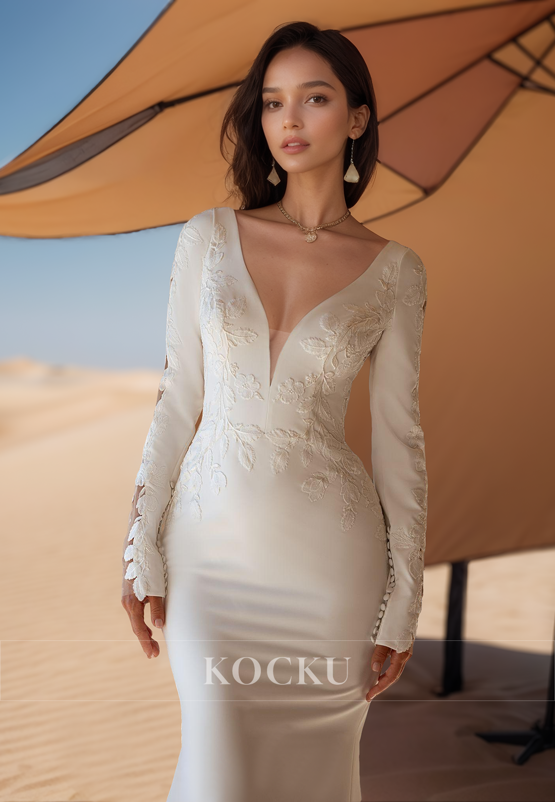 Graceful Long Sleeves V-Neck Mermaid Appliques Satin Bridal Gowns with Train Wedding Dress