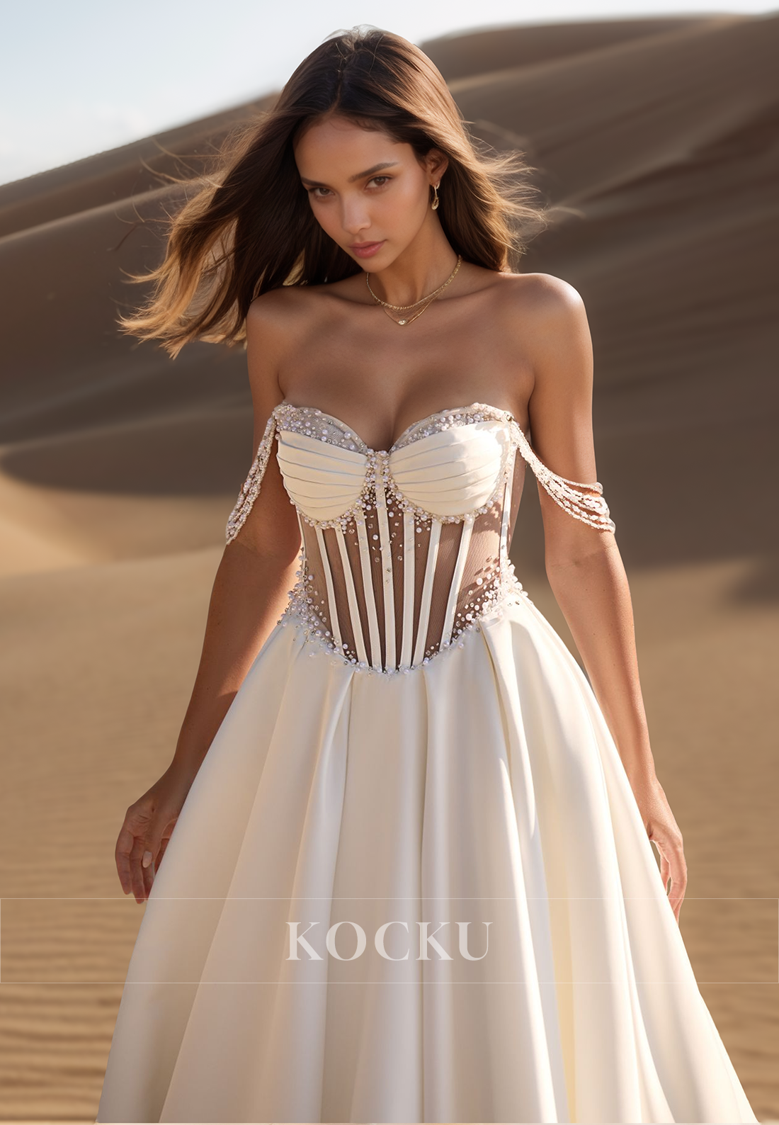 Romantic Off-Shoulder Sweetheart A-Line Pleats Satin Bridal Wedding Gowns with Beaded