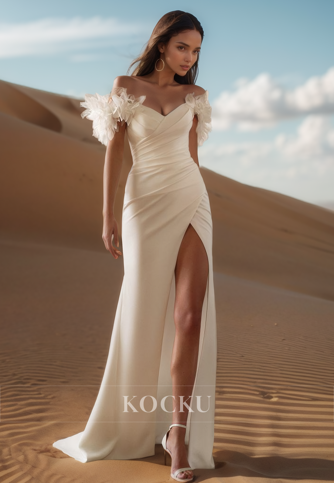 Classic Off-Shoulder Sheath Wedding Dress High Slit Floral Satin Boho Gowns with Train