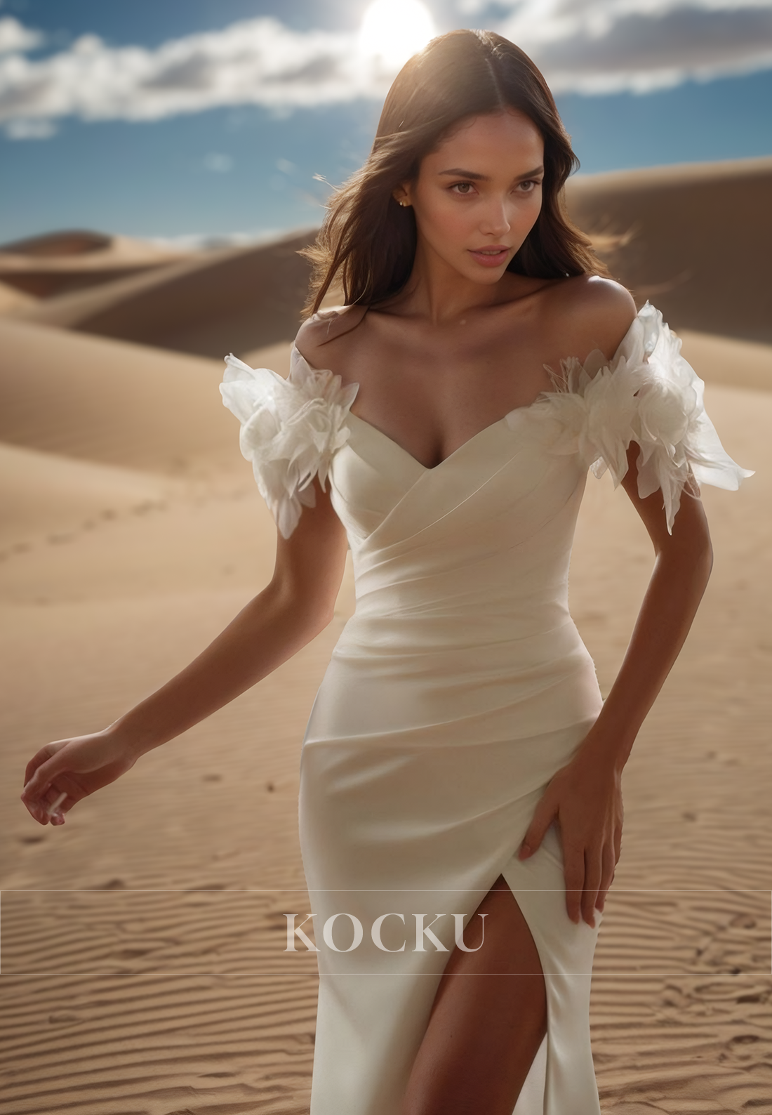 Classic Off-Shoulder Sheath Wedding Dress High Slit Floral Satin Boho Gowns with Train