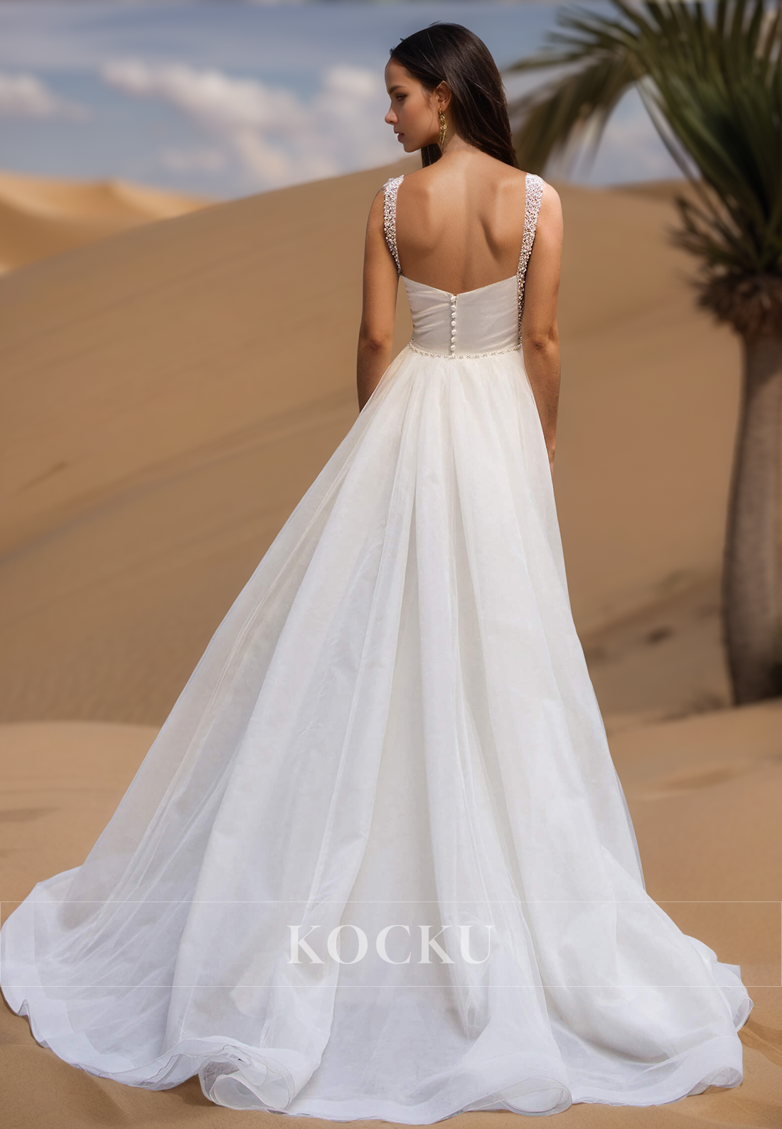 Beaded Square Neck Straps Sheath High Split Satin Wedding Dress Bridal Gown with Overskirt