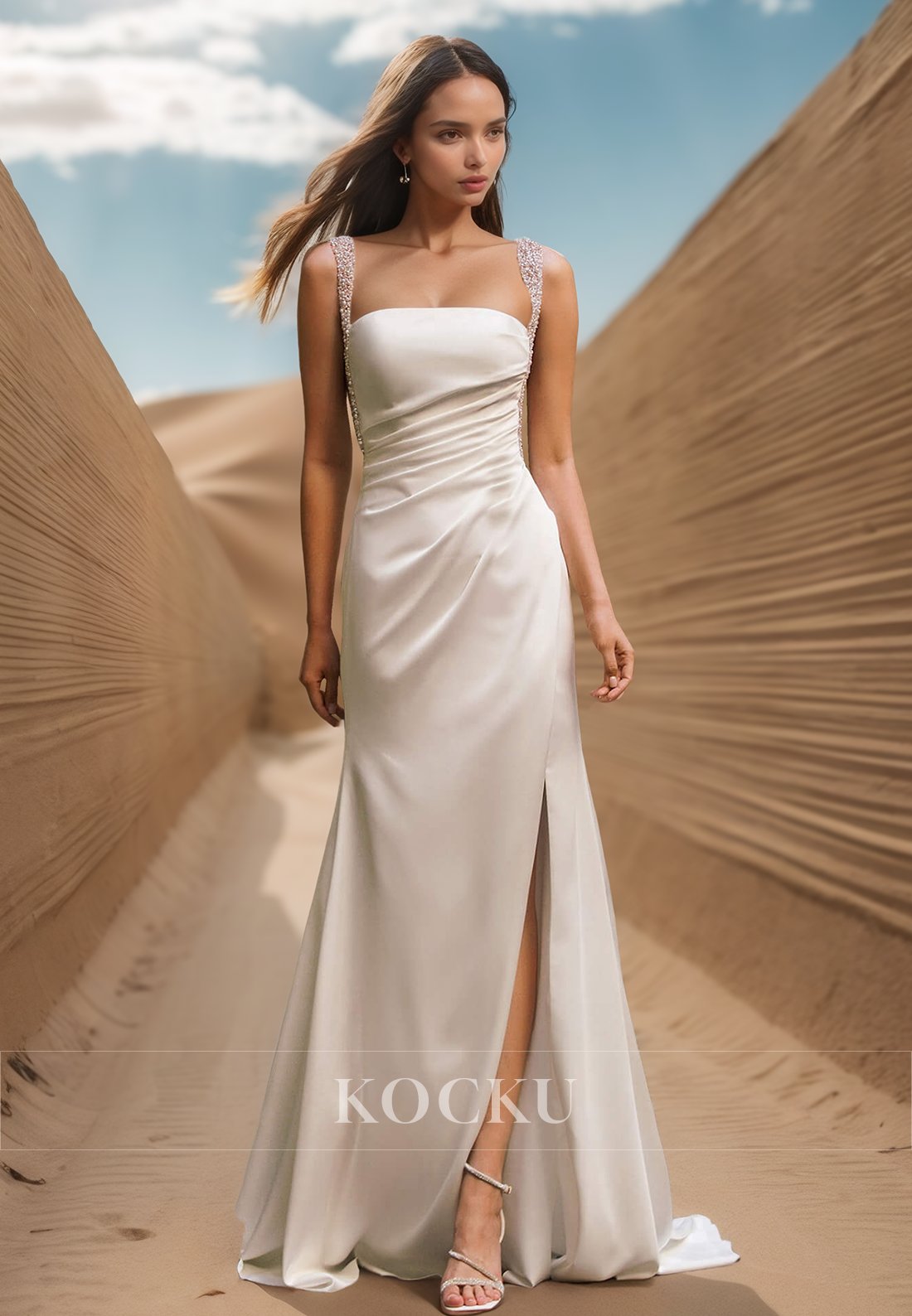 Beaded Square Neck Straps Sheath High Split Satin Wedding Dress Bridal Gown with Overskirt