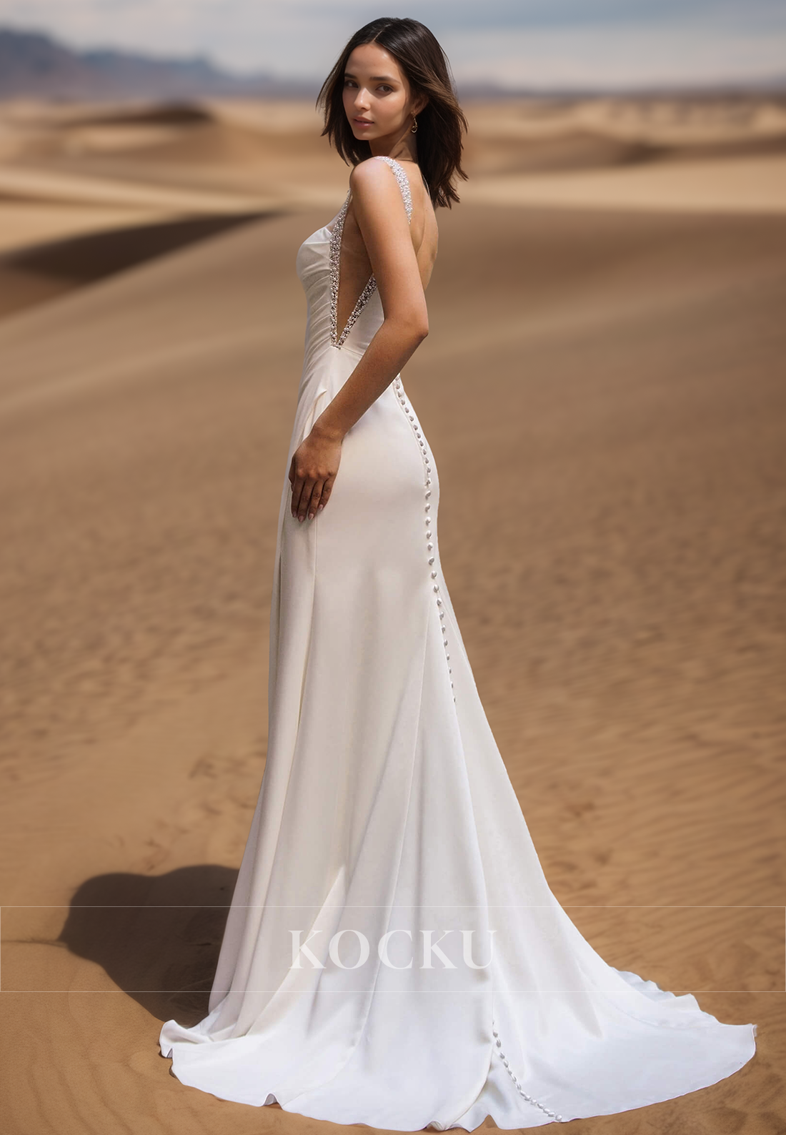 Beaded Square Neck Straps Sheath High Split Satin Wedding Dress Bridal Gown with Overskirt