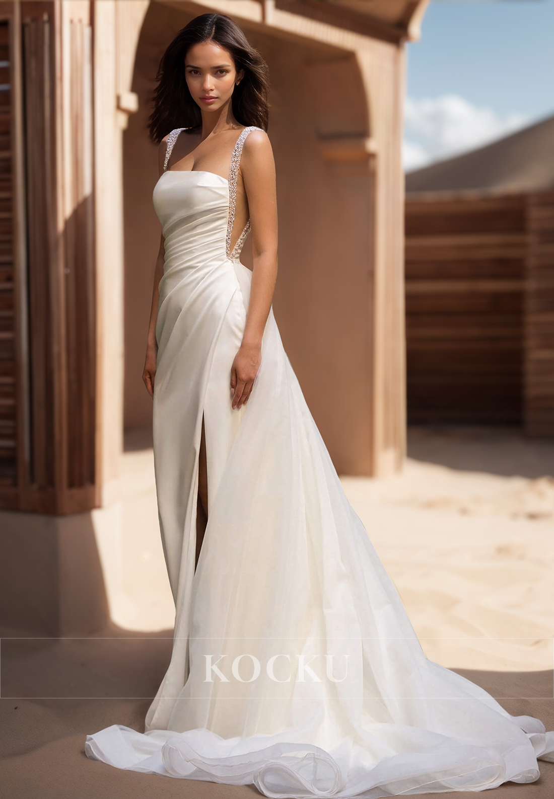 Beaded Square Neck Straps Sheath High Split Satin Wedding Dress Bridal Gown with Overskirt