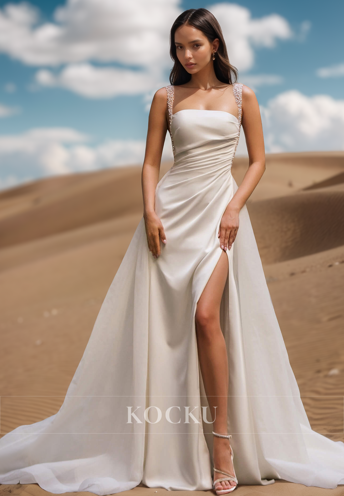 Beaded Square Neck Straps Sheath High Split Satin Wedding Dress Bridal Gown with Overskirt
