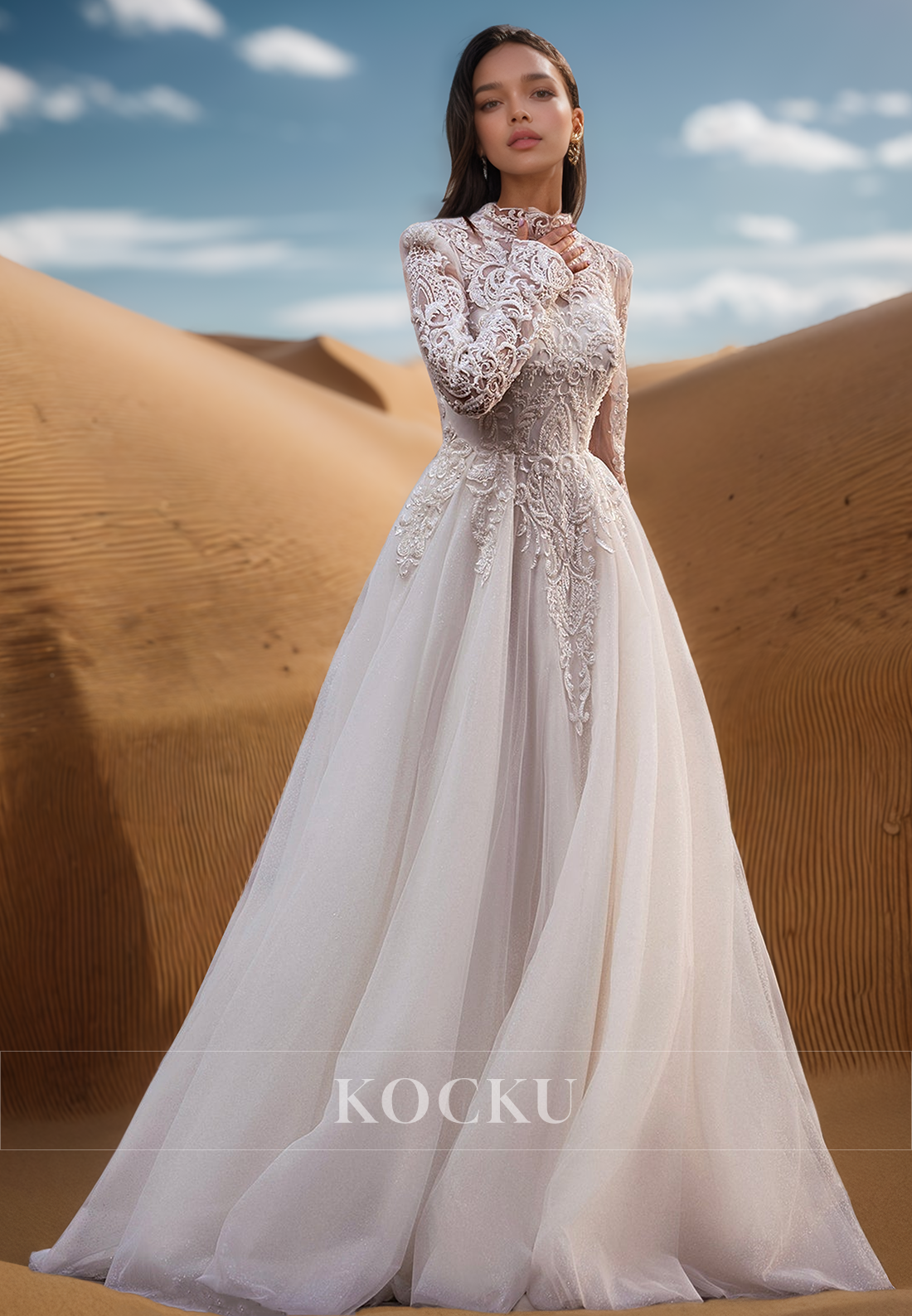 Vintage High Neck Long Sleeves A-Line Pleated Satin Wedding Dress with Appliques Bridal Gown
