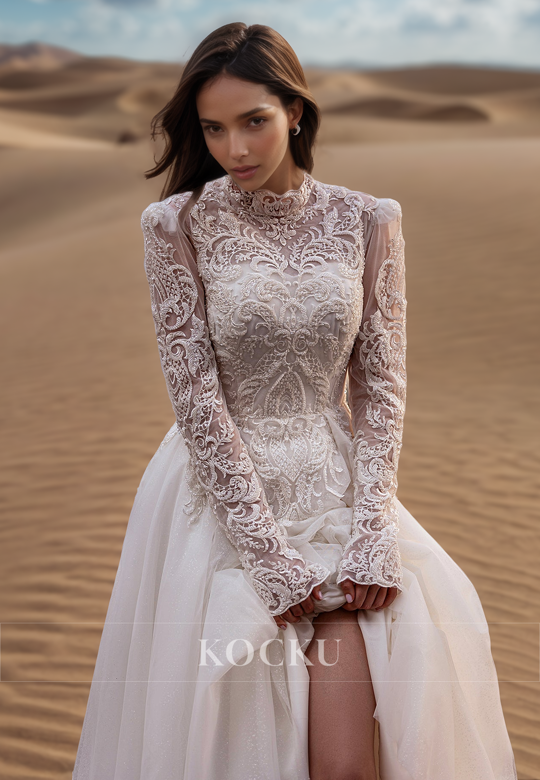 Vintage High Neck Long Sleeves A-Line Pleated Satin Wedding Dress with Appliques Bridal Gown
