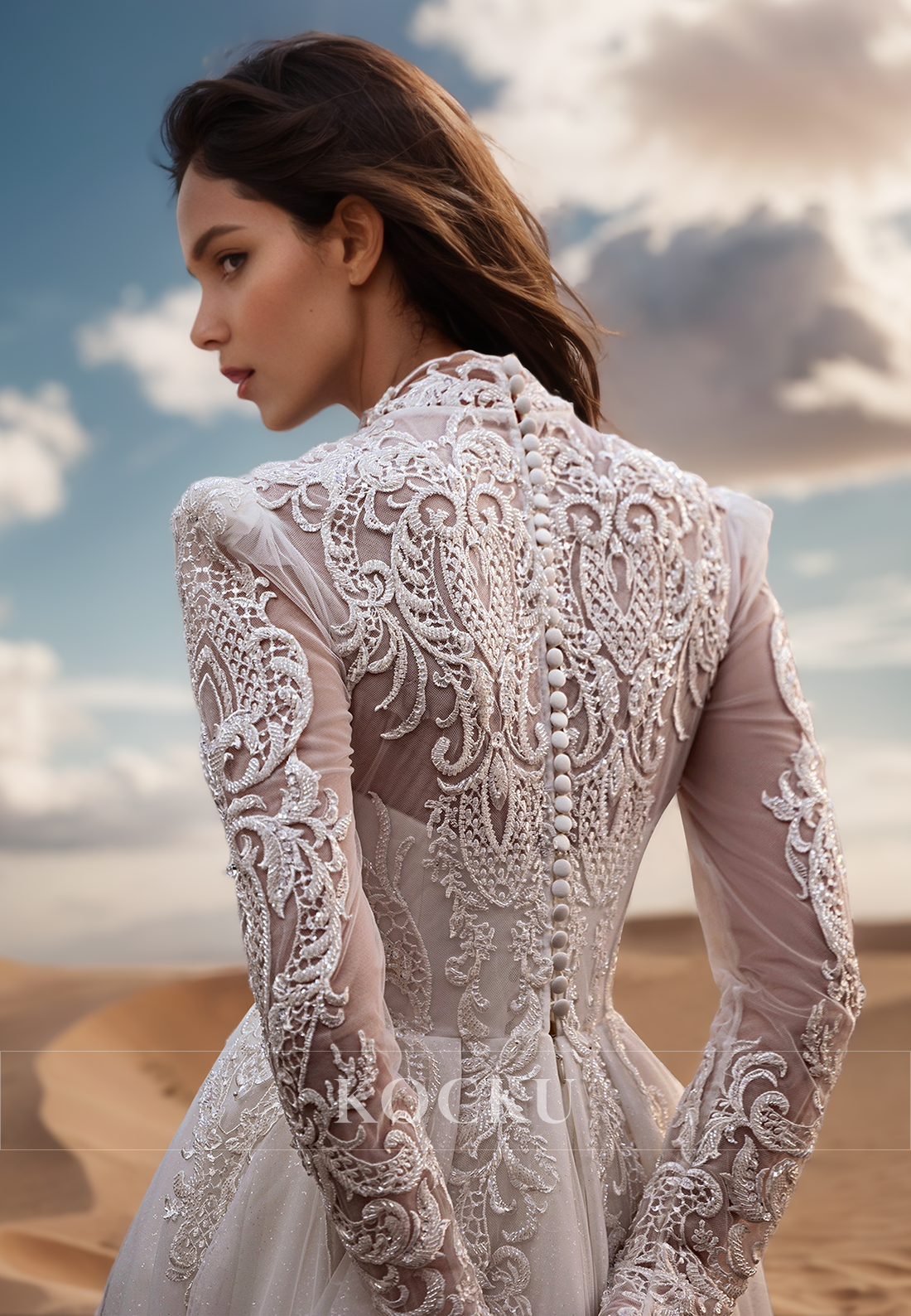 Vintage High Neck Long Sleeves A-Line Pleated Satin Wedding Dress with Appliques Bridal Gown
