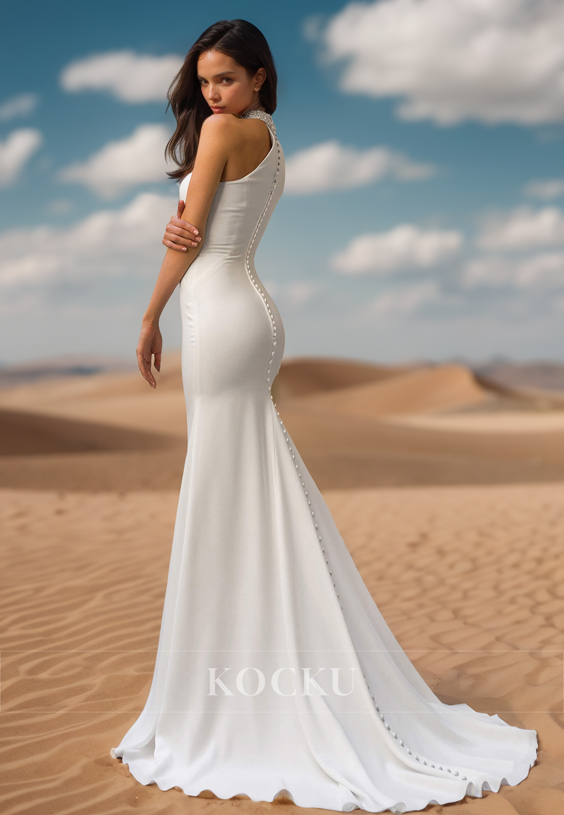 Simple High Neck One Shoulder Mermaid Beaded Satin Beach Wedding Bridal Gown with Train