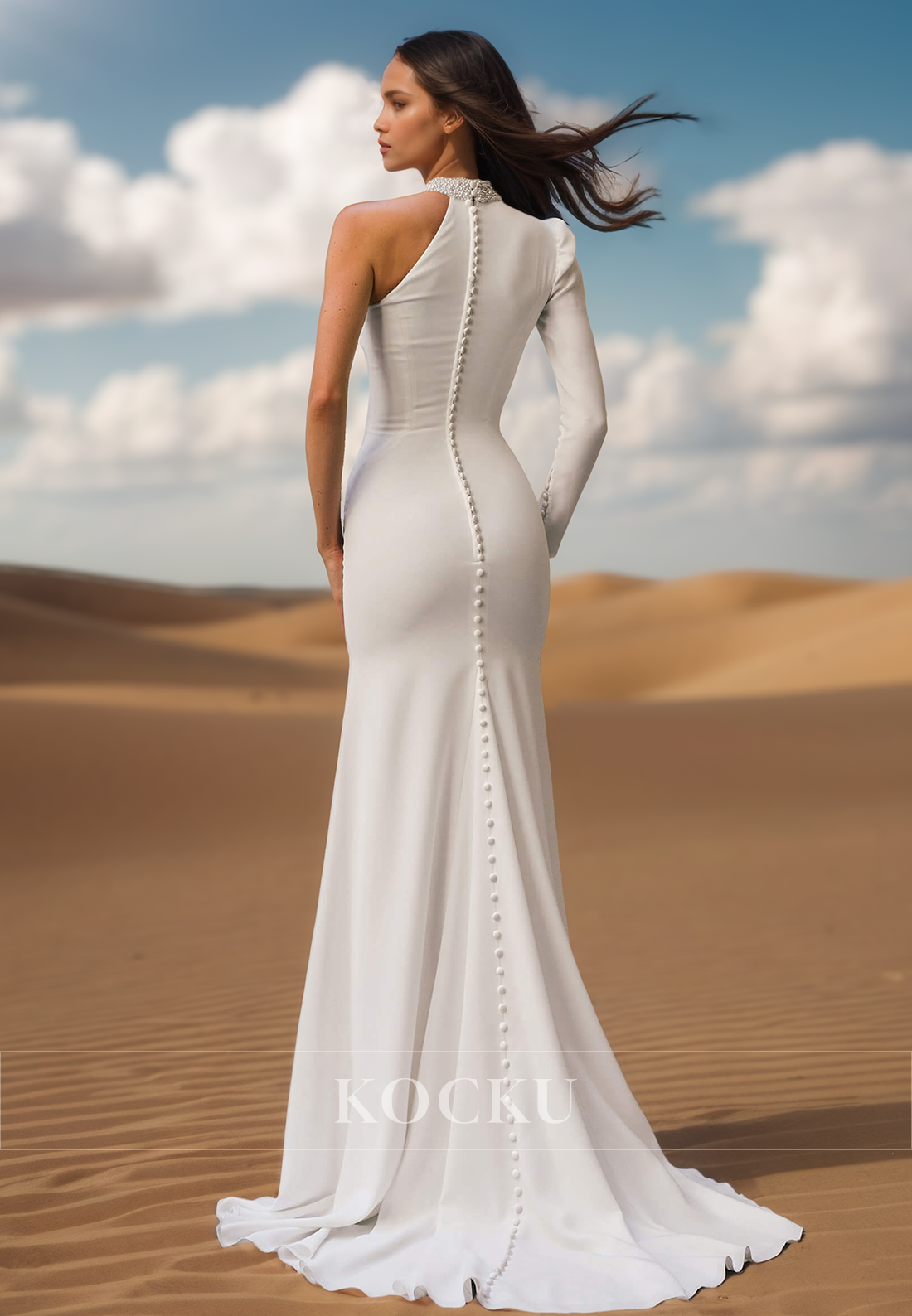 Simple High Neck One Shoulder Mermaid Beaded Satin Beach Wedding Bridal Gown with Train