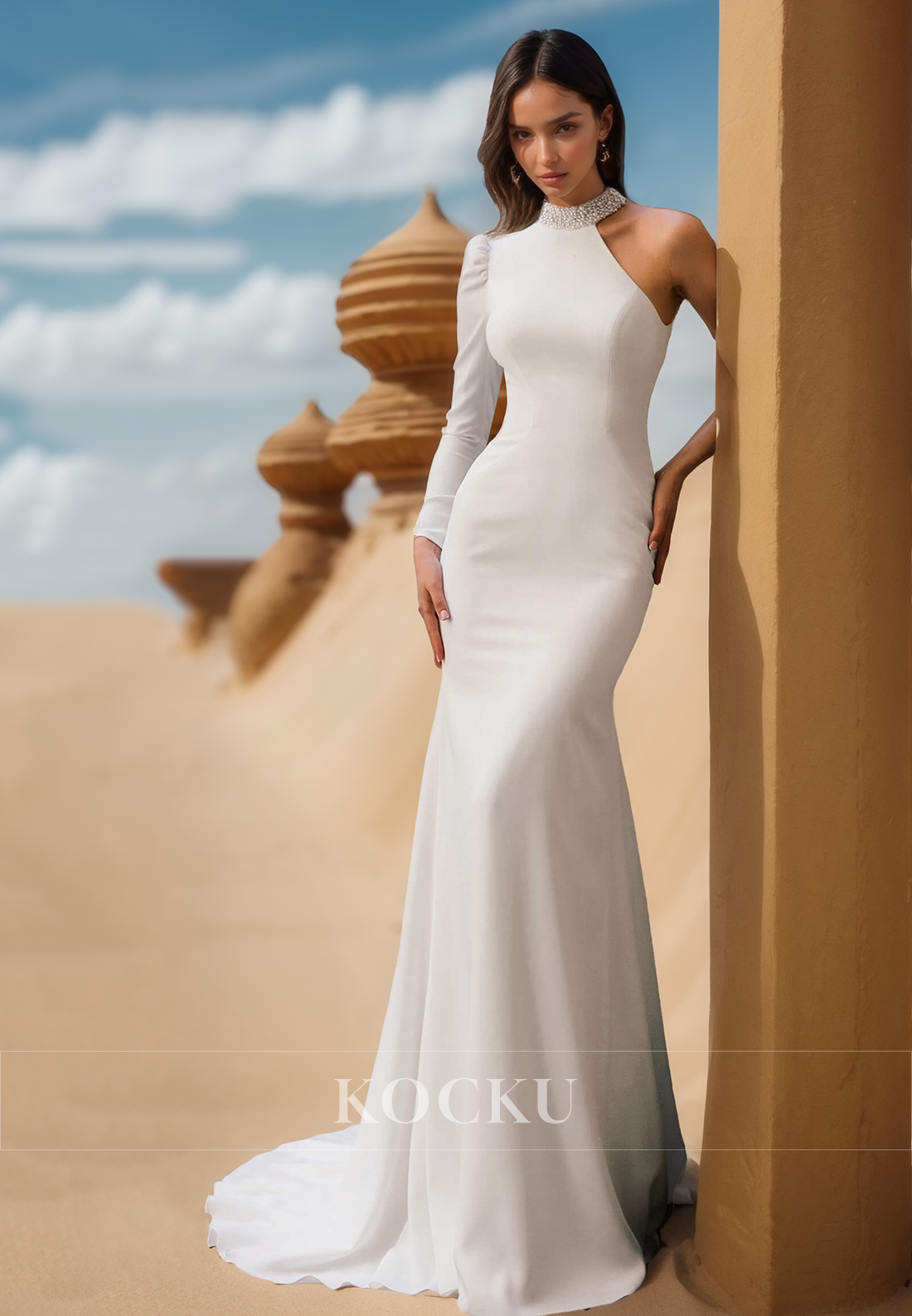 Simple High Neck One Shoulder Mermaid Beaded Satin Beach Wedding Bridal Gown with Train