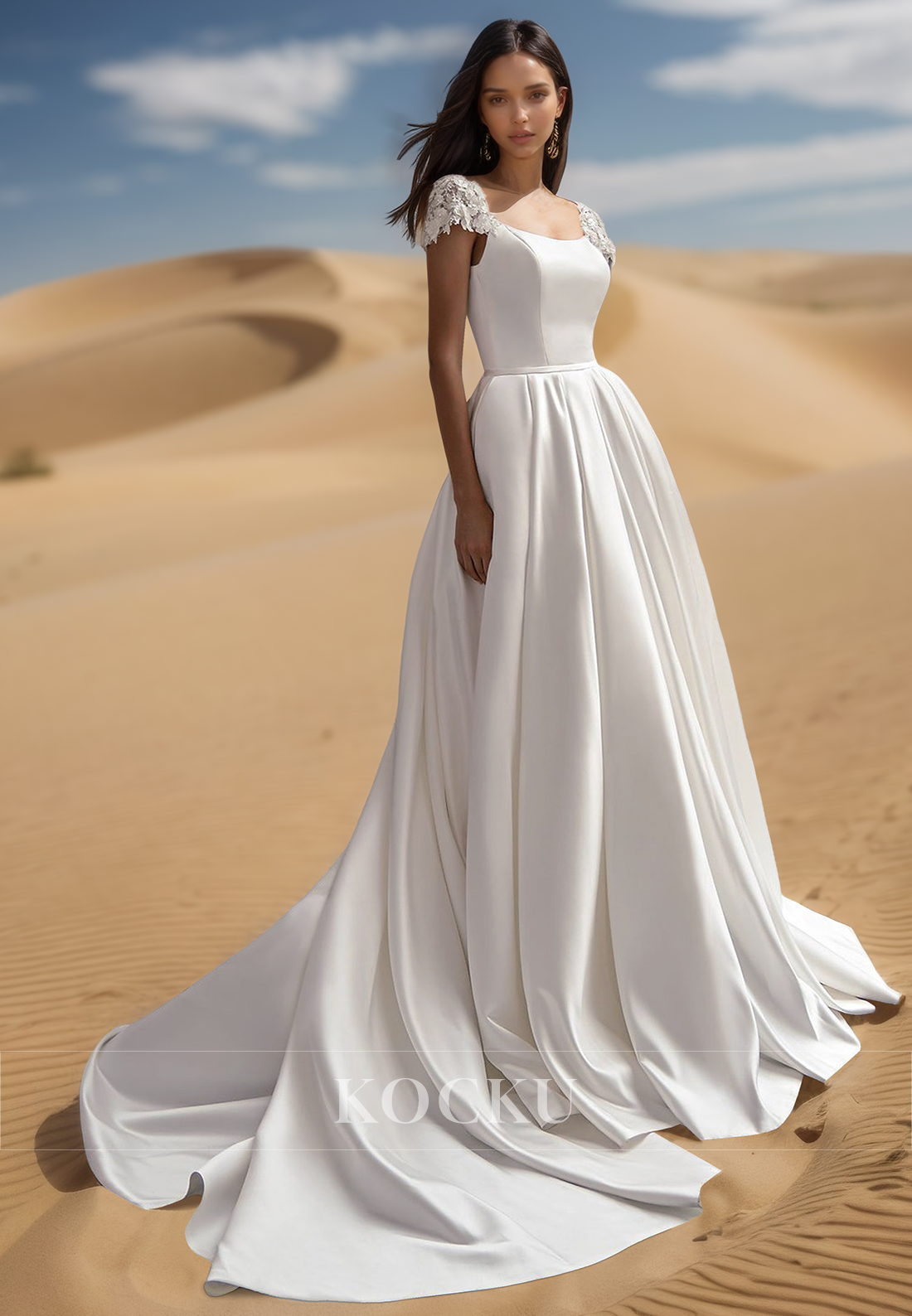 Elegant  Scoop Neck Short Sleeves A-Line Pleated Wedding Dress Bridal Gown with Appliques