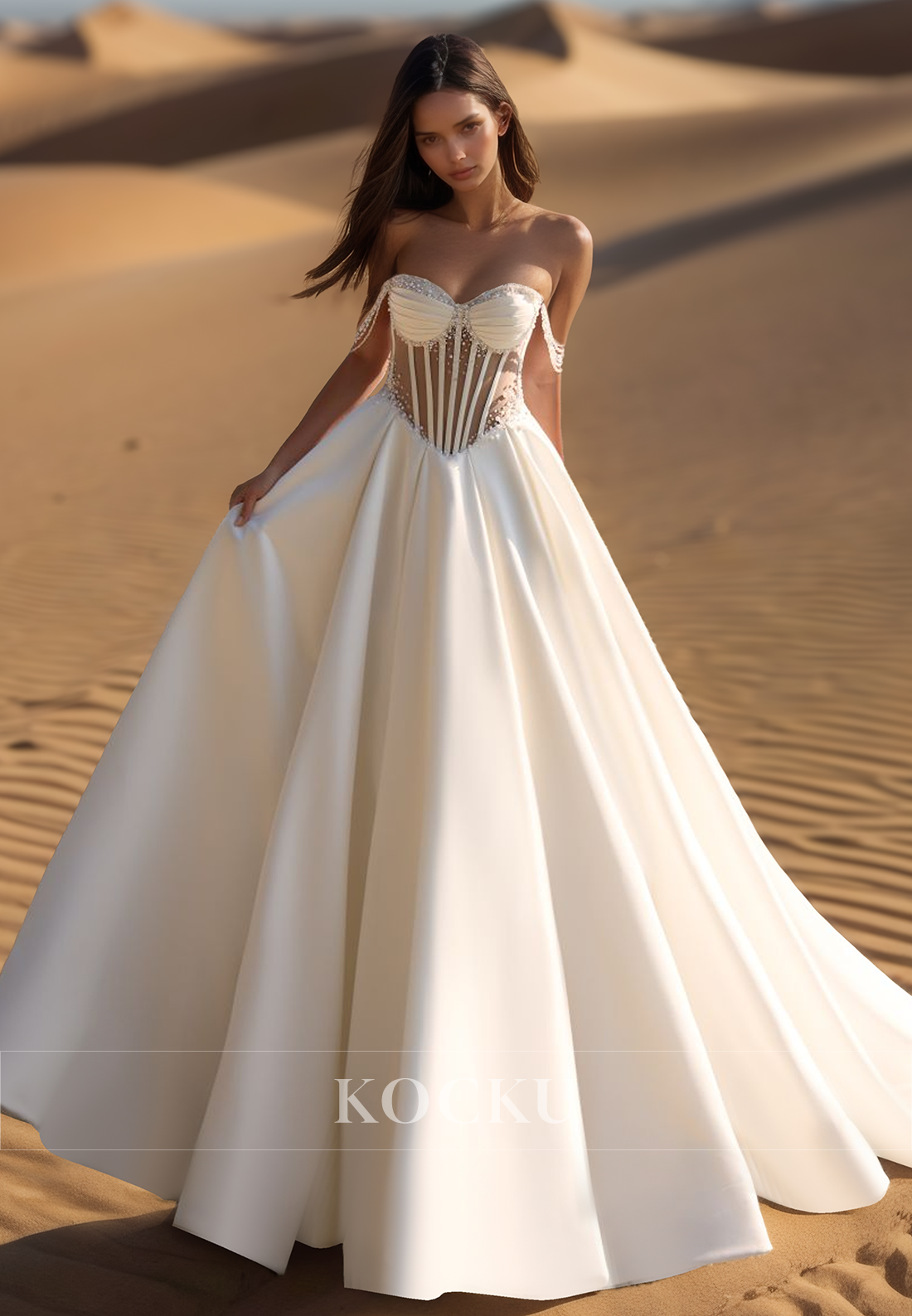 Romantic Off-Shoulder Sweetheart A-Line Pleats Satin Bridal Wedding Gowns with Beaded