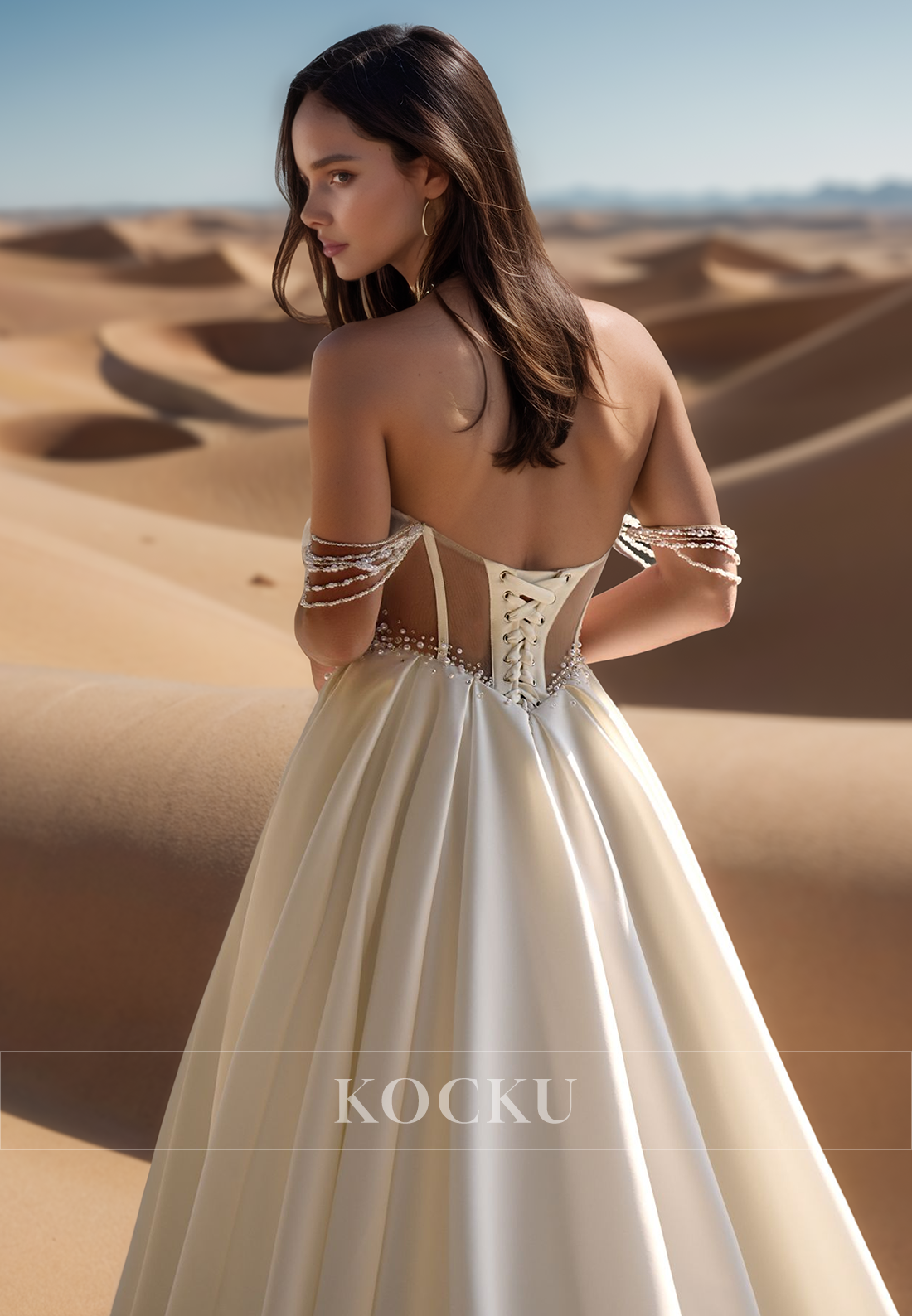 Romantic Off-Shoulder Sweetheart A-Line Pleats Satin Bridal Wedding Gowns with Beaded
