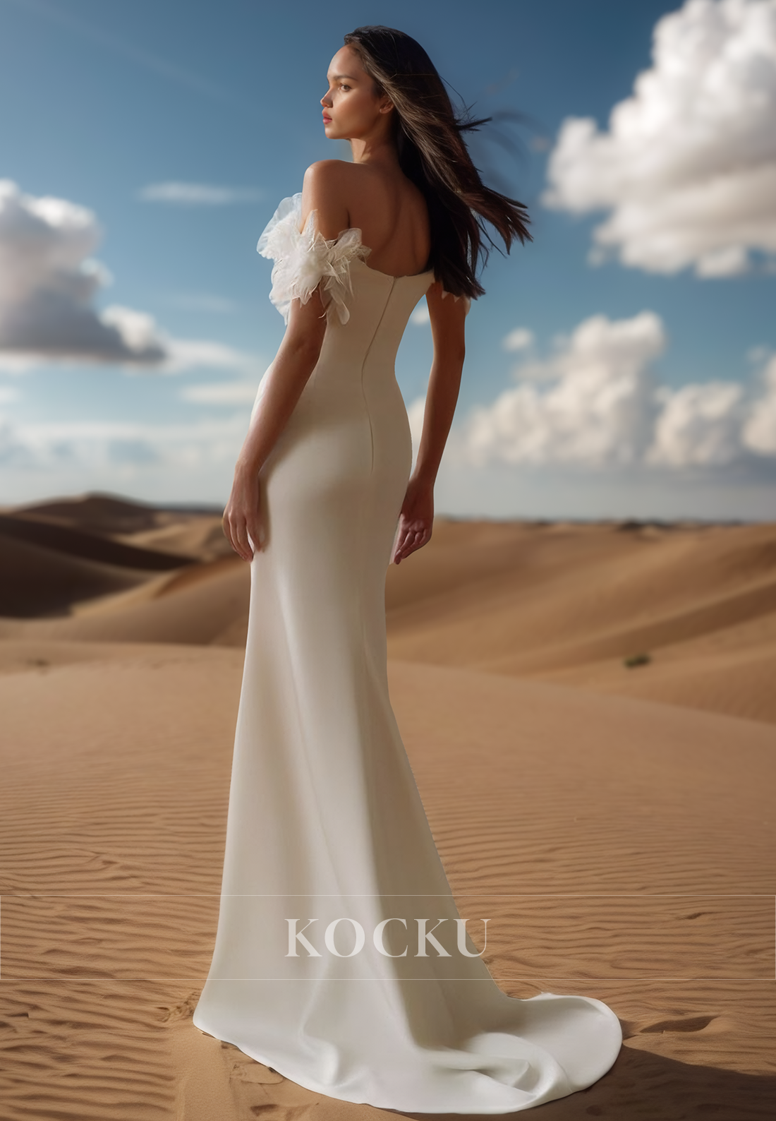 Classic Off-Shoulder Sheath Wedding Dress High Slit Floral Satin Boho Gowns with Train