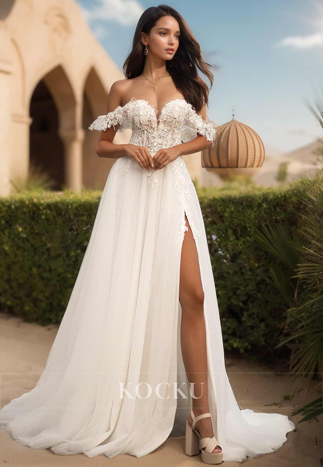 Elegant Off-Shoulder Sweetheart A-Line High Slit Lace Boho Gowns with Appliques Wedding Gowns