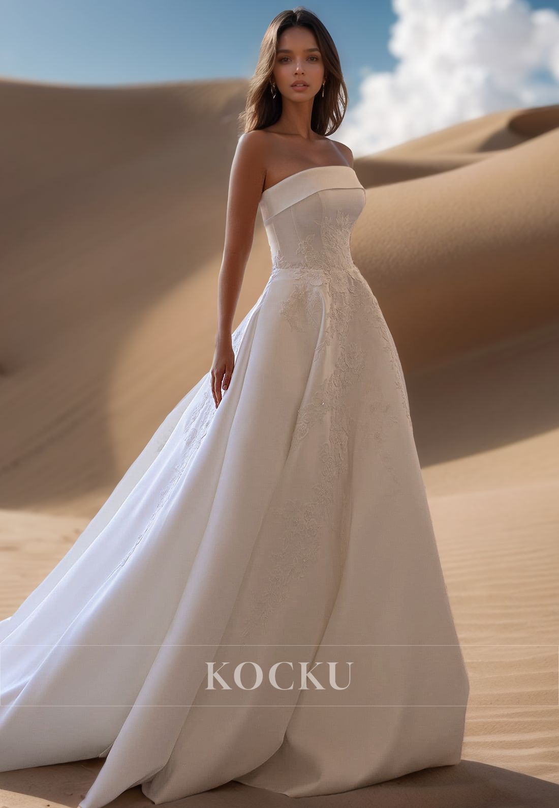 Gorgoeous Tube Top A-Line Sleeveless Beads Satin Wedding Dress Bridal Gown with Appliques