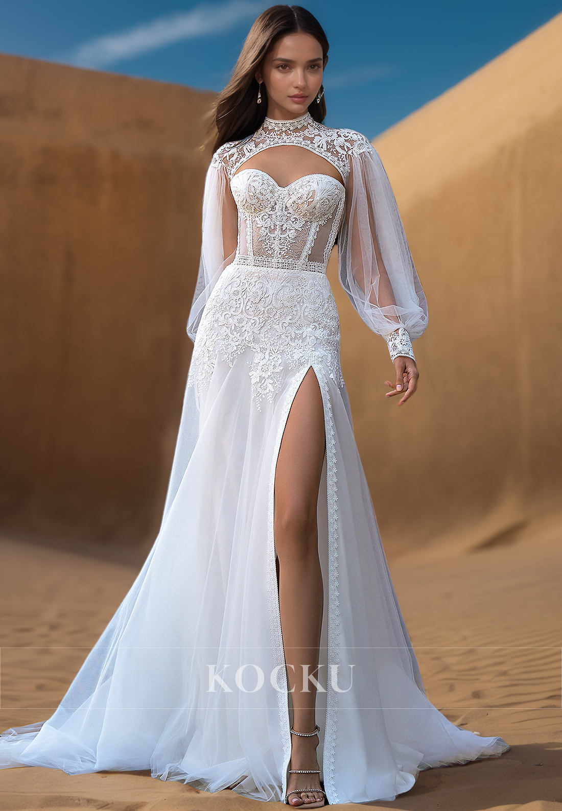 Classic Sweetheart Sheath Wedding Dress Long Sleeves High Slit Lace Bridal Gown with Appliques