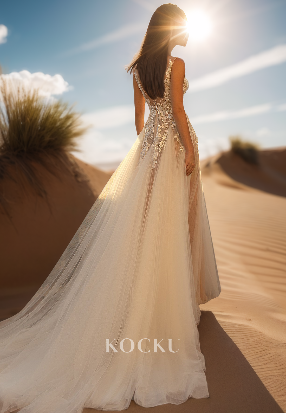 Bohemian Scoop Neck A-Line Sequin Appliques Lace Beach Wedding Gowns with Beaded