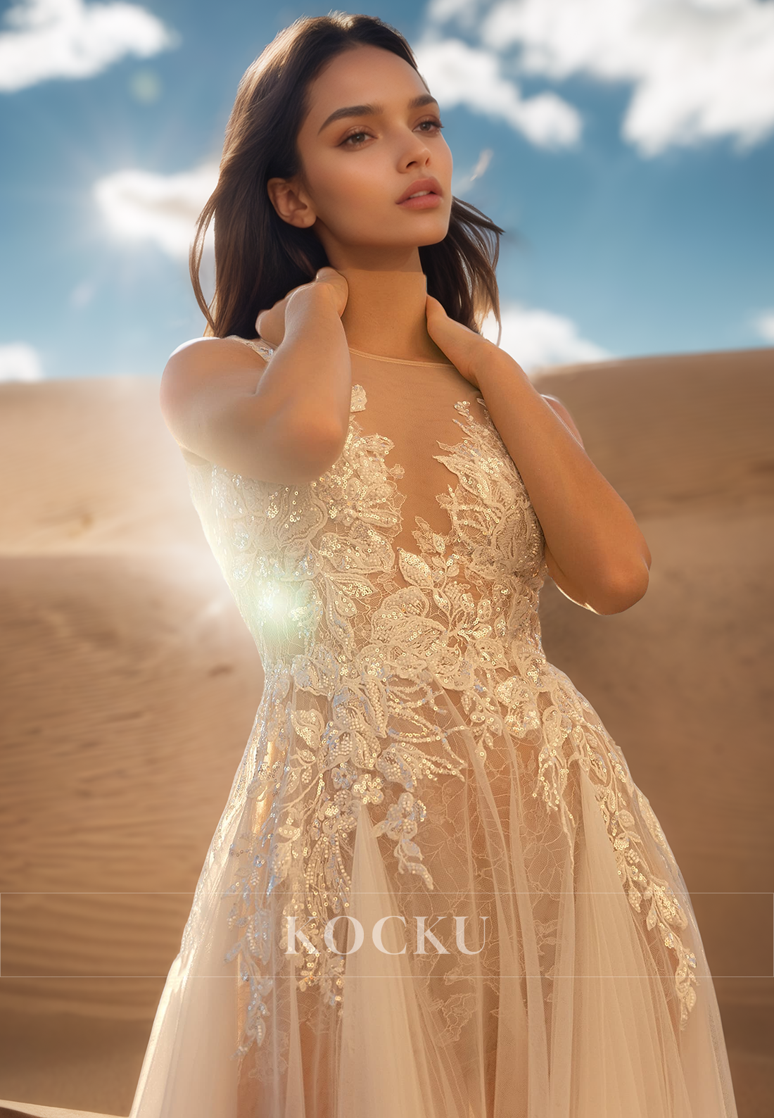 Bohemian Scoop Neck A-Line Sequin Appliques Lace Beach Wedding Gowns with Beaded