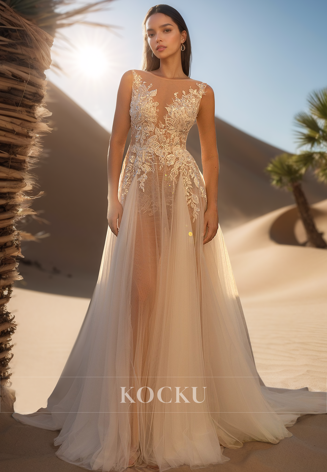 Bohemian Scoop Neck A-Line Sequin Appliques Lace Beach Wedding Gowns with Beaded