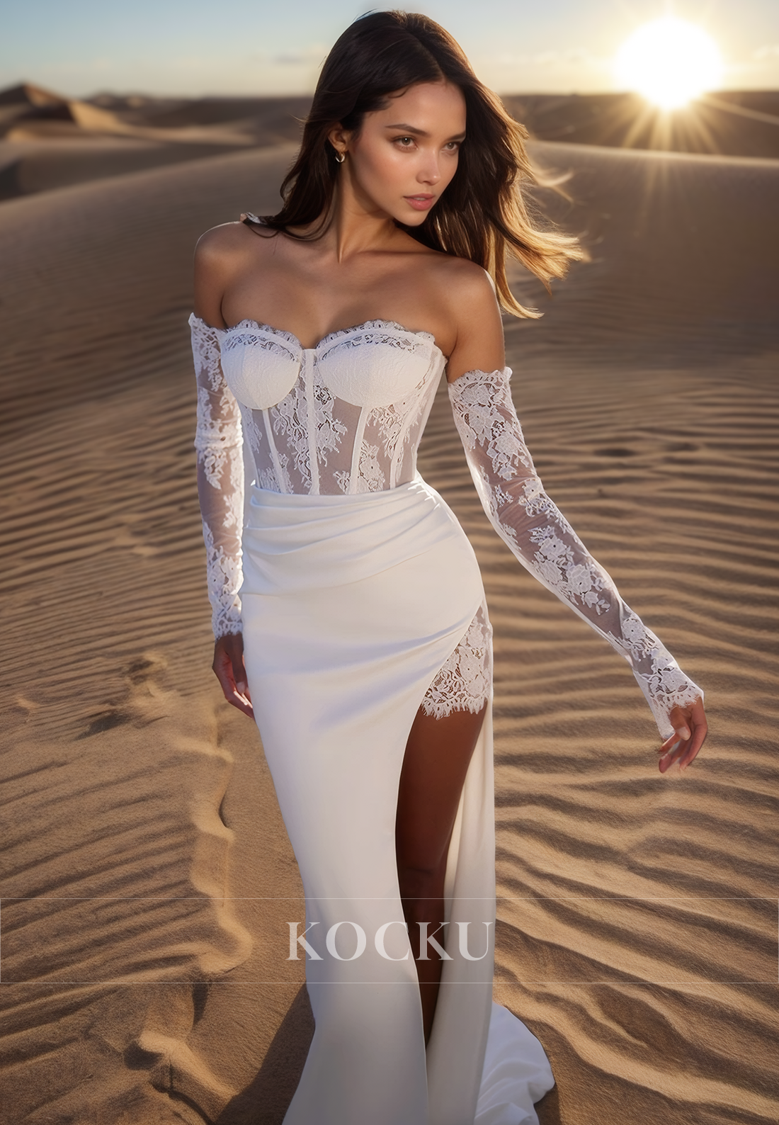 Chic Long Sleeves Sweetheart Appliques Satin Wedding Dress Boho Gowns with Slit