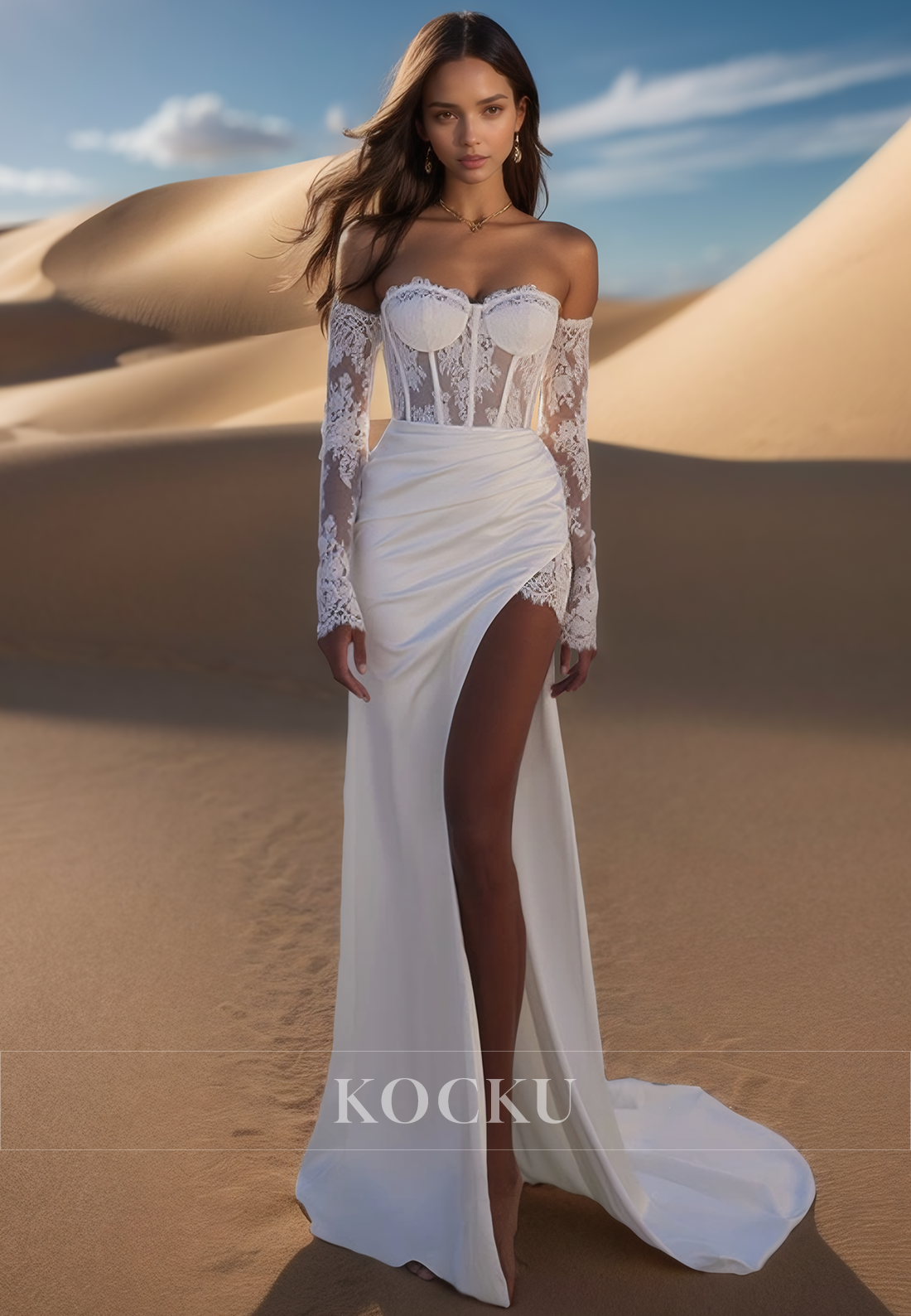 Chic Long Sleeves Sweetheart Appliques Satin Wedding Dress Boho Gowns with Slit