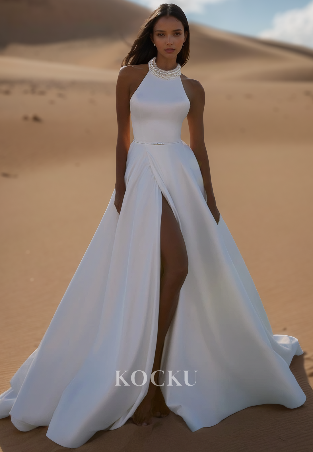 Graceful High Neck Sleeveless A-Line Beaded Satin Bridal Wedding Dress with Slit