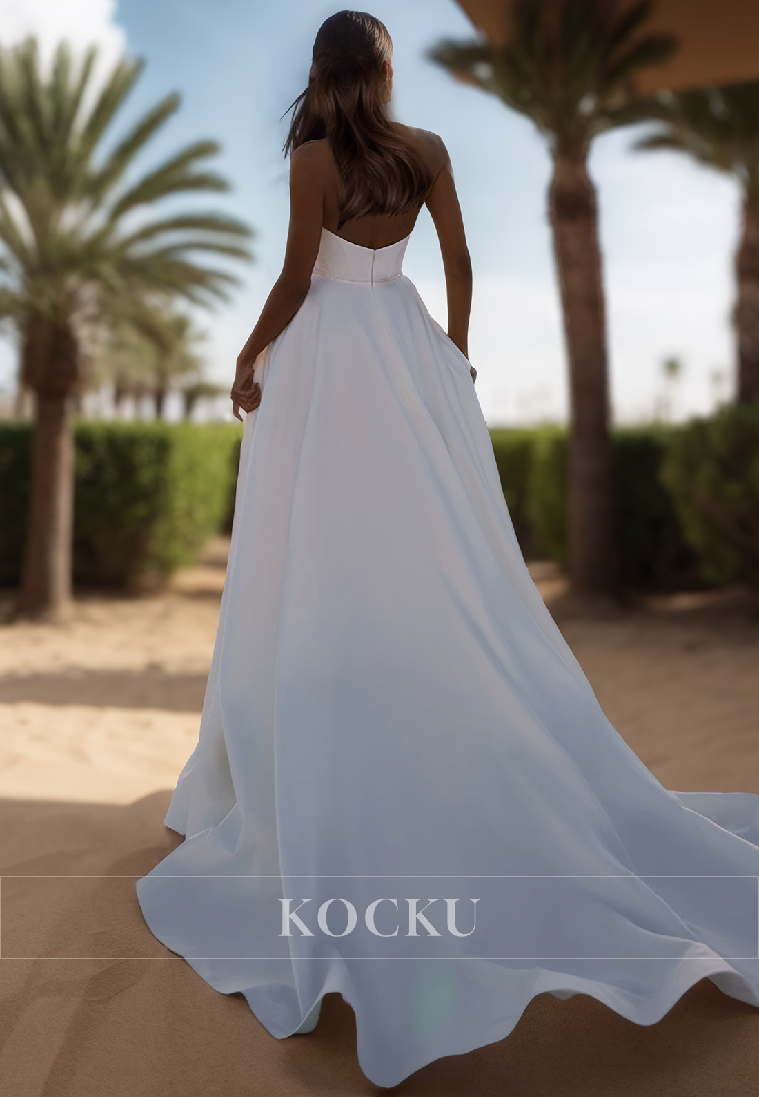 Graceful High Neck Sleeveless A-Line Beaded Satin Bridal Wedding Dress with Slit