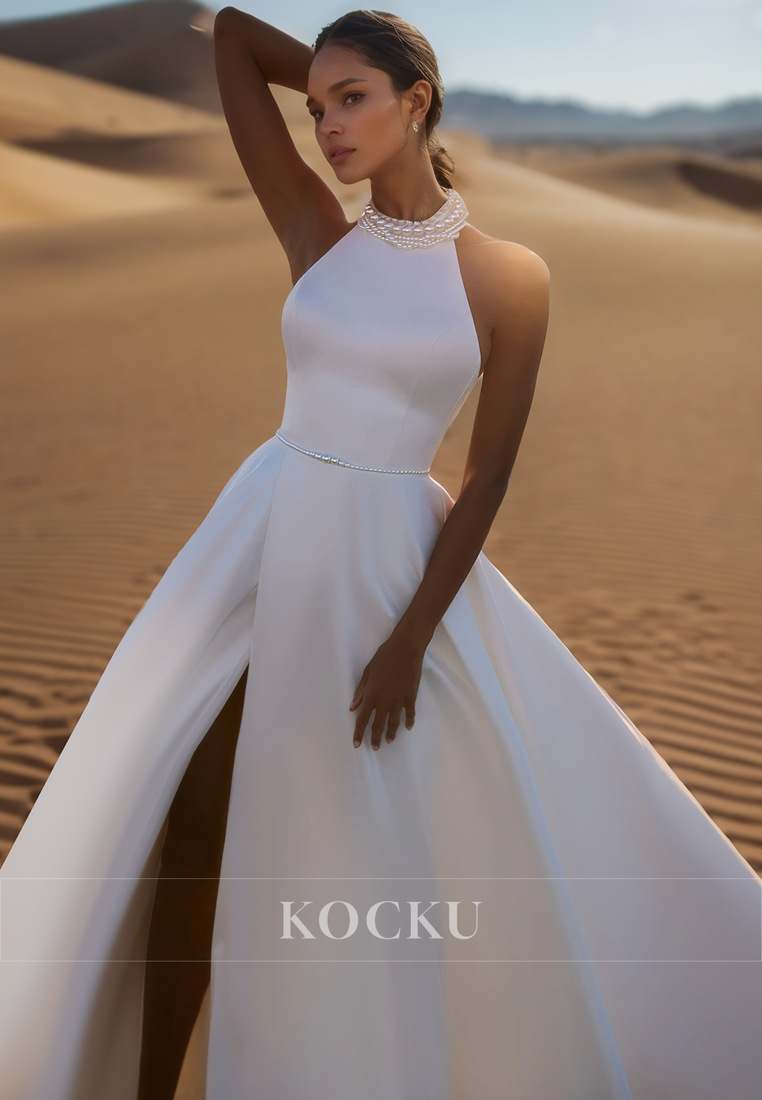 Graceful High Neck Sleeveless A-Line Beaded Satin Bridal Wedding Dress with Slit
