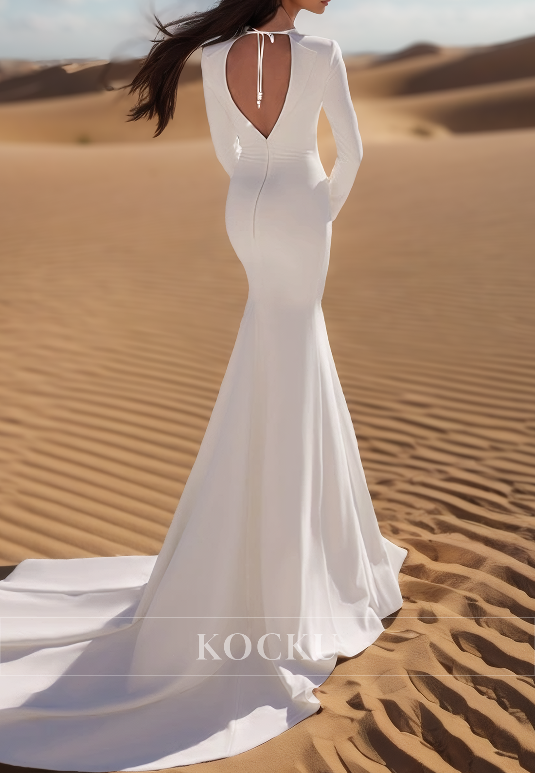 Elegant Long Sleeves Sheath Wedding Dress Beaded Satin Bridal Gowns with Train