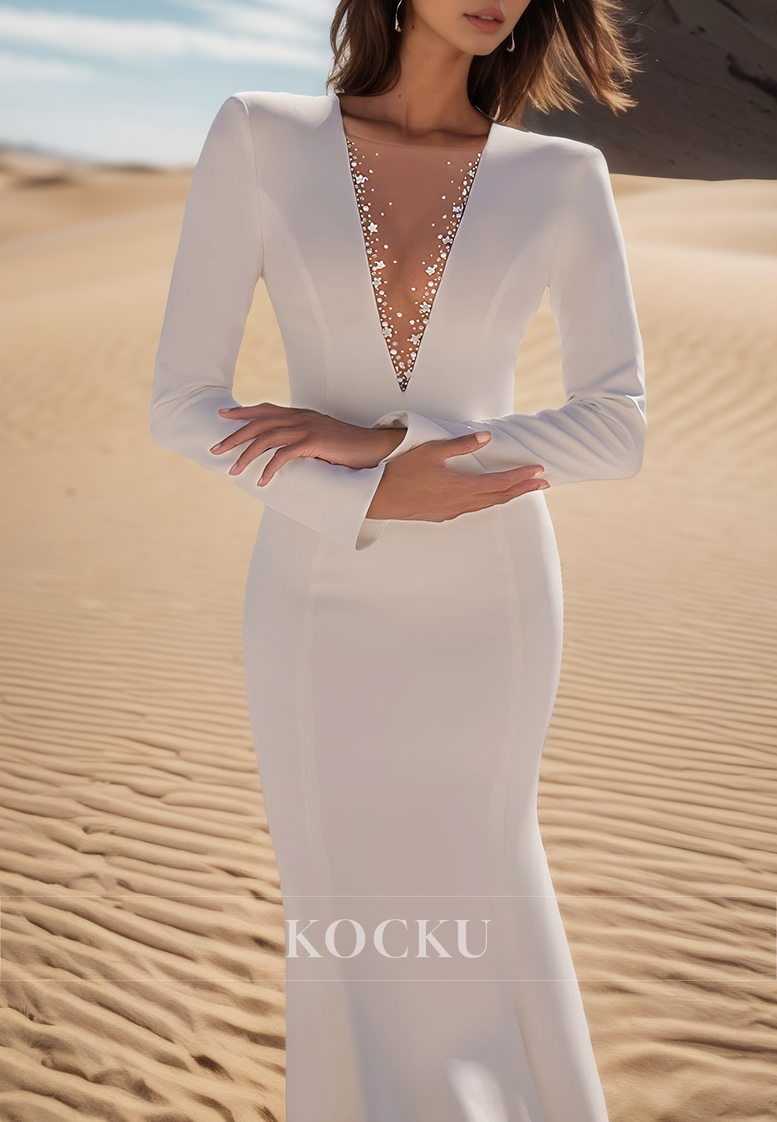 Elegant Long Sleeves Sheath Wedding Dress Beaded Satin Bridal Gowns with Train