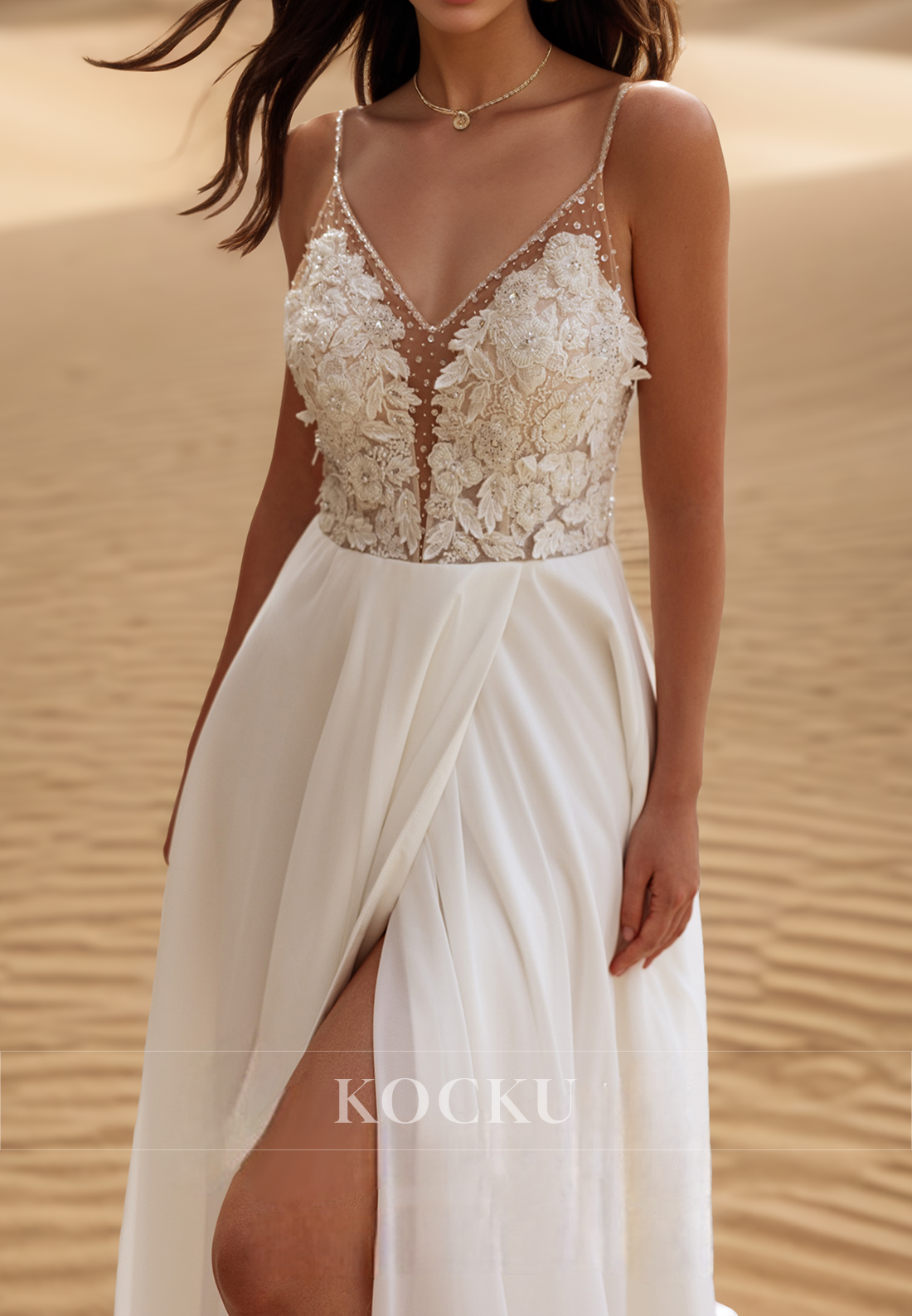 Romantic V-Neck Straps A-Line Appliques Chiffon Wedding Dress Boho Gown with Beads