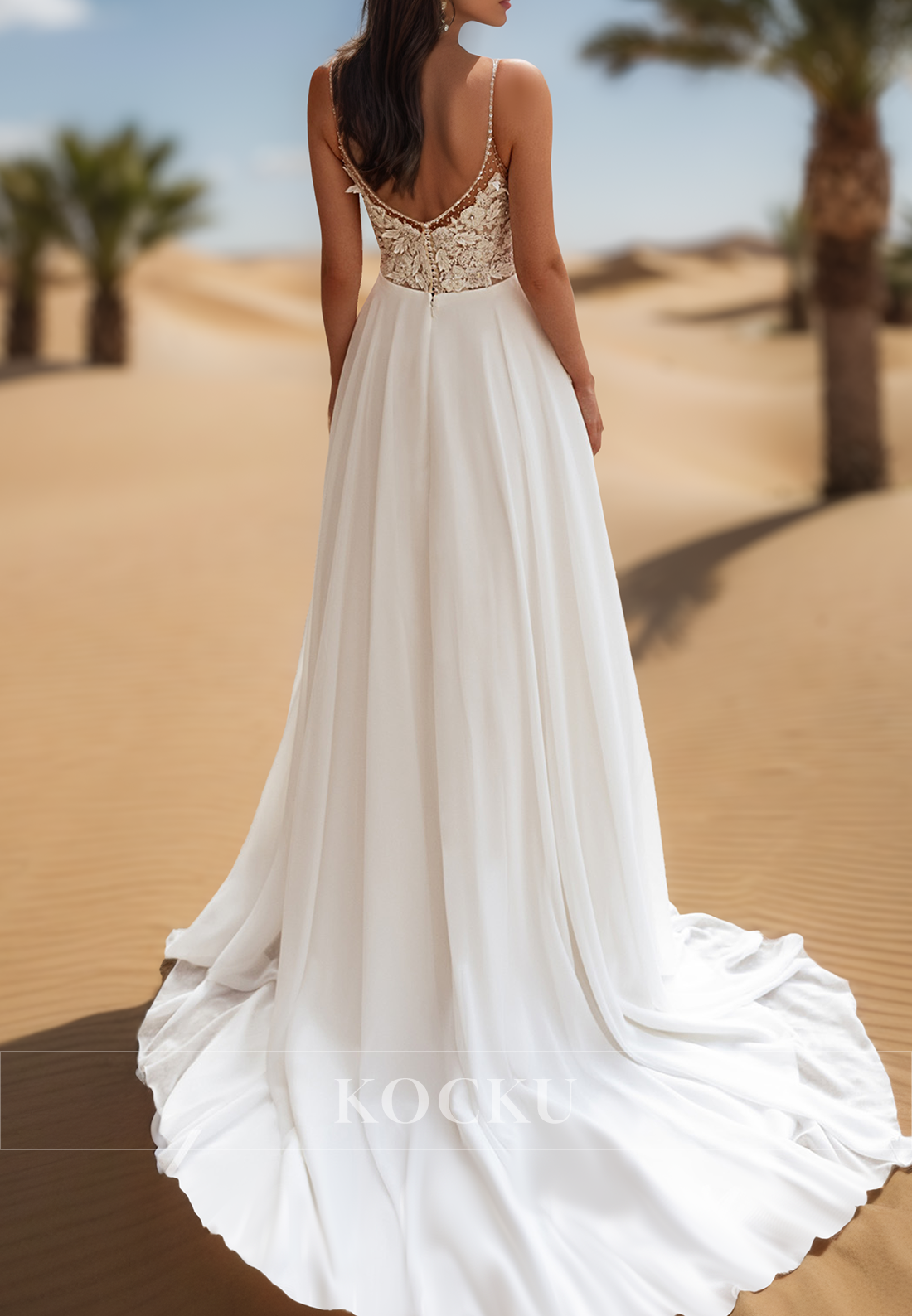 Romantic V-Neck Straps A-Line Appliques Chiffon Wedding Dress Boho Gown with Beads