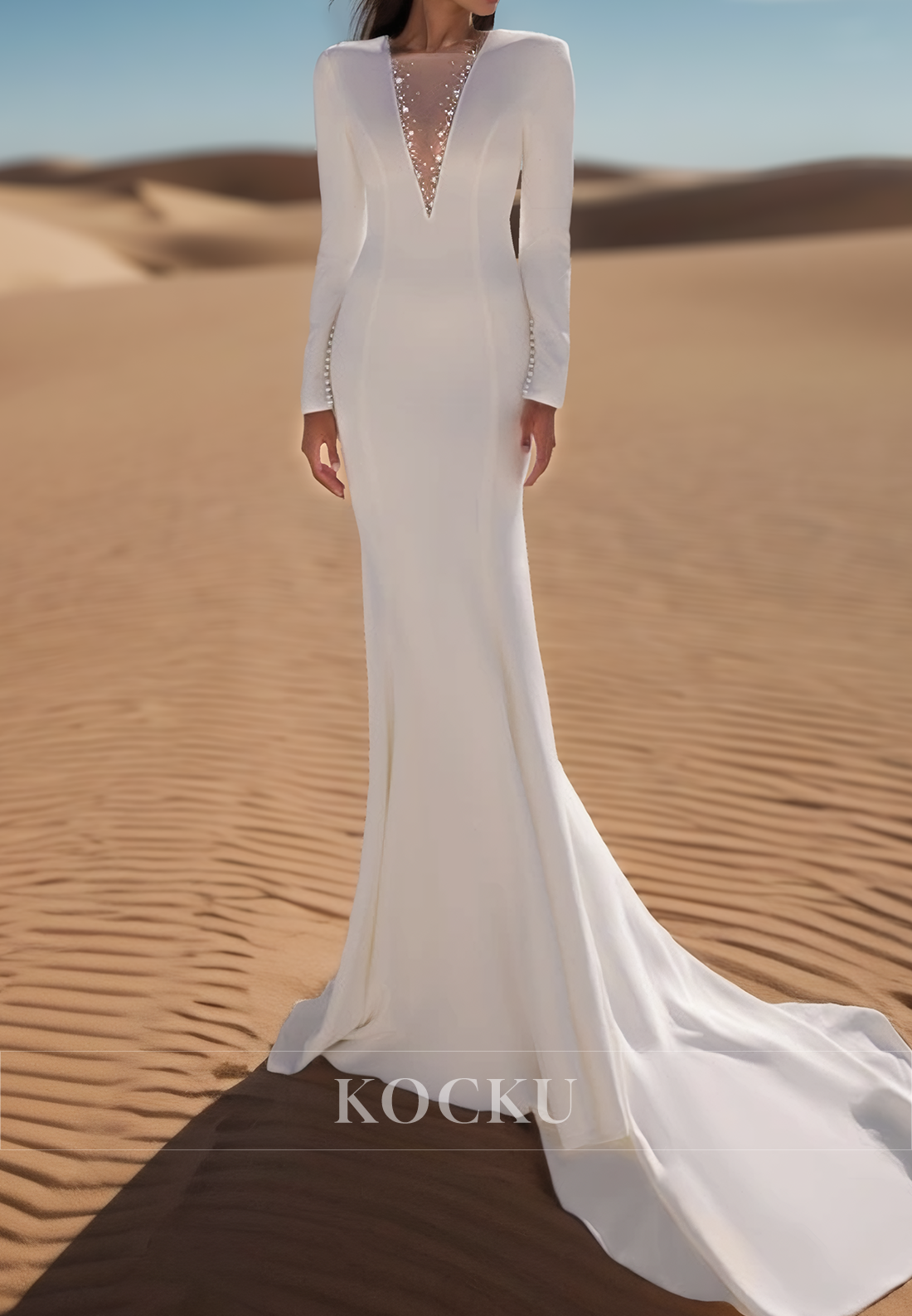 Elegant Long Sleeves Sheath Wedding Dress Beaded Satin Bridal Gowns with Train