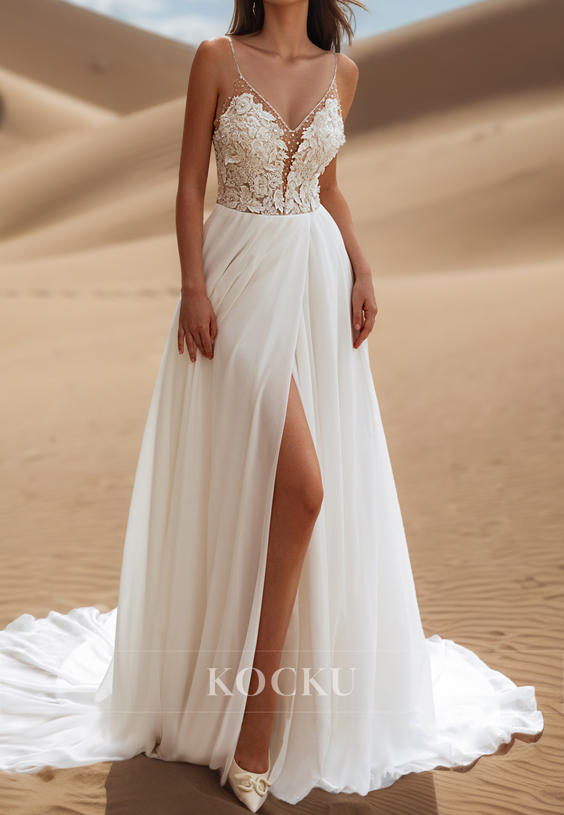 Romantic V-Neck Straps A-Line Appliques Chiffon Wedding Dress Boho Gown with Beads
