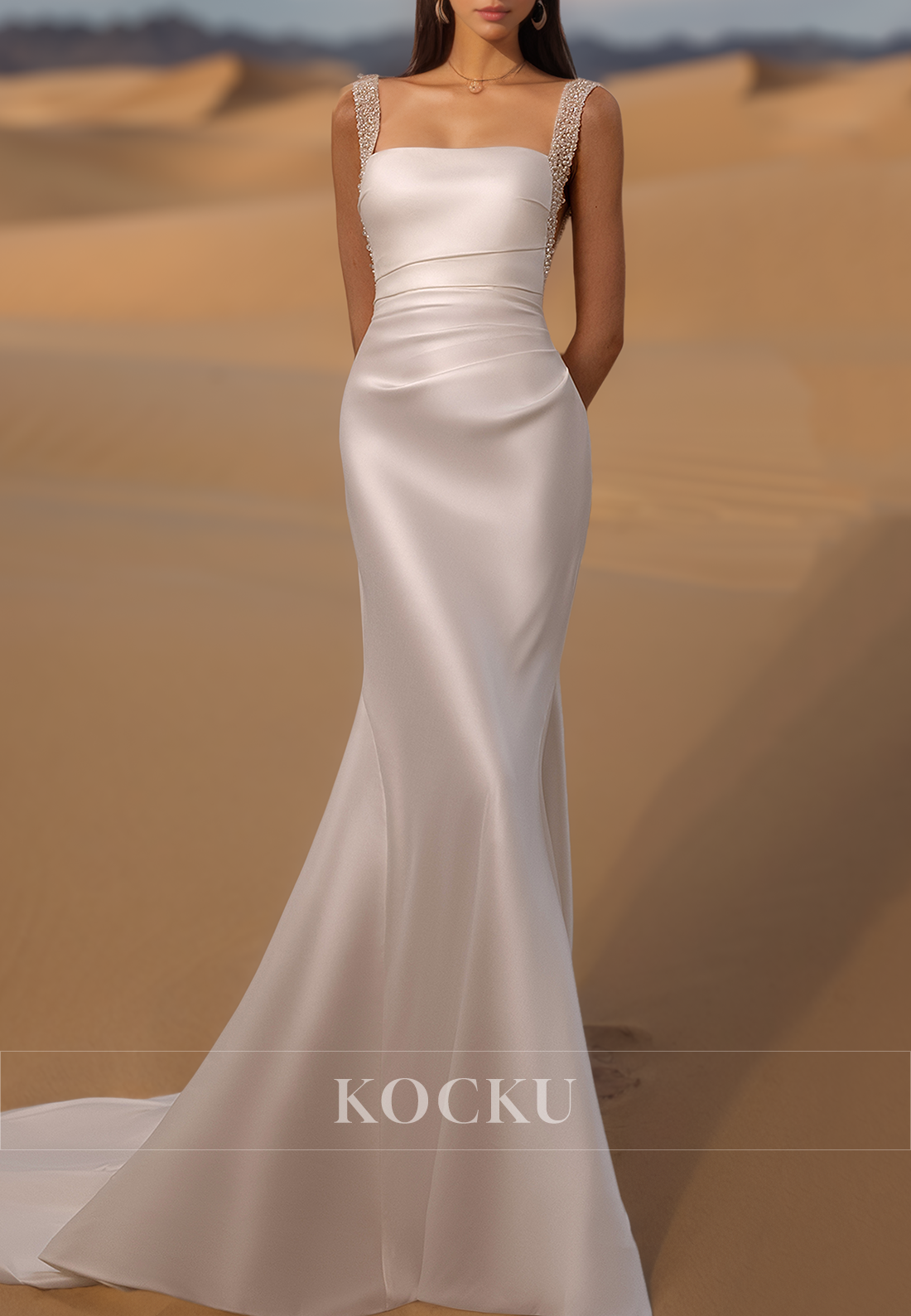 Luxurious Square Neck traps Sheath Wedding Dress Beaded Satin Bridal Gown with Overskirt