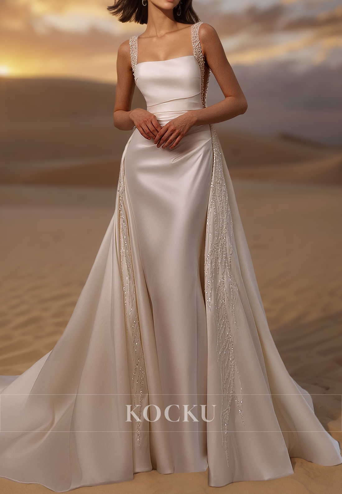 Luxurious Square Neck traps Sheath Wedding Dress Beaded Satin Bridal Gown with Overskirt