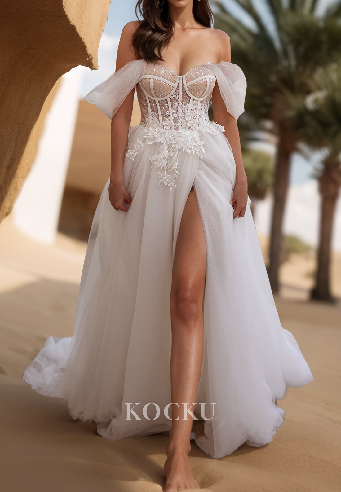 Chic Off-Shoulder Sweetheart A-Line Appliques Lace Wedding Dress Boho Gowns with Slit