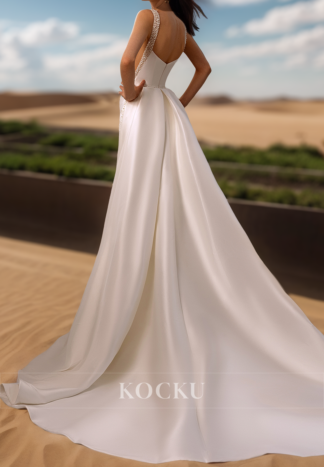 Luxurious Square Neck traps Sheath Wedding Dress Beaded Satin Bridal Gown with Overskirt