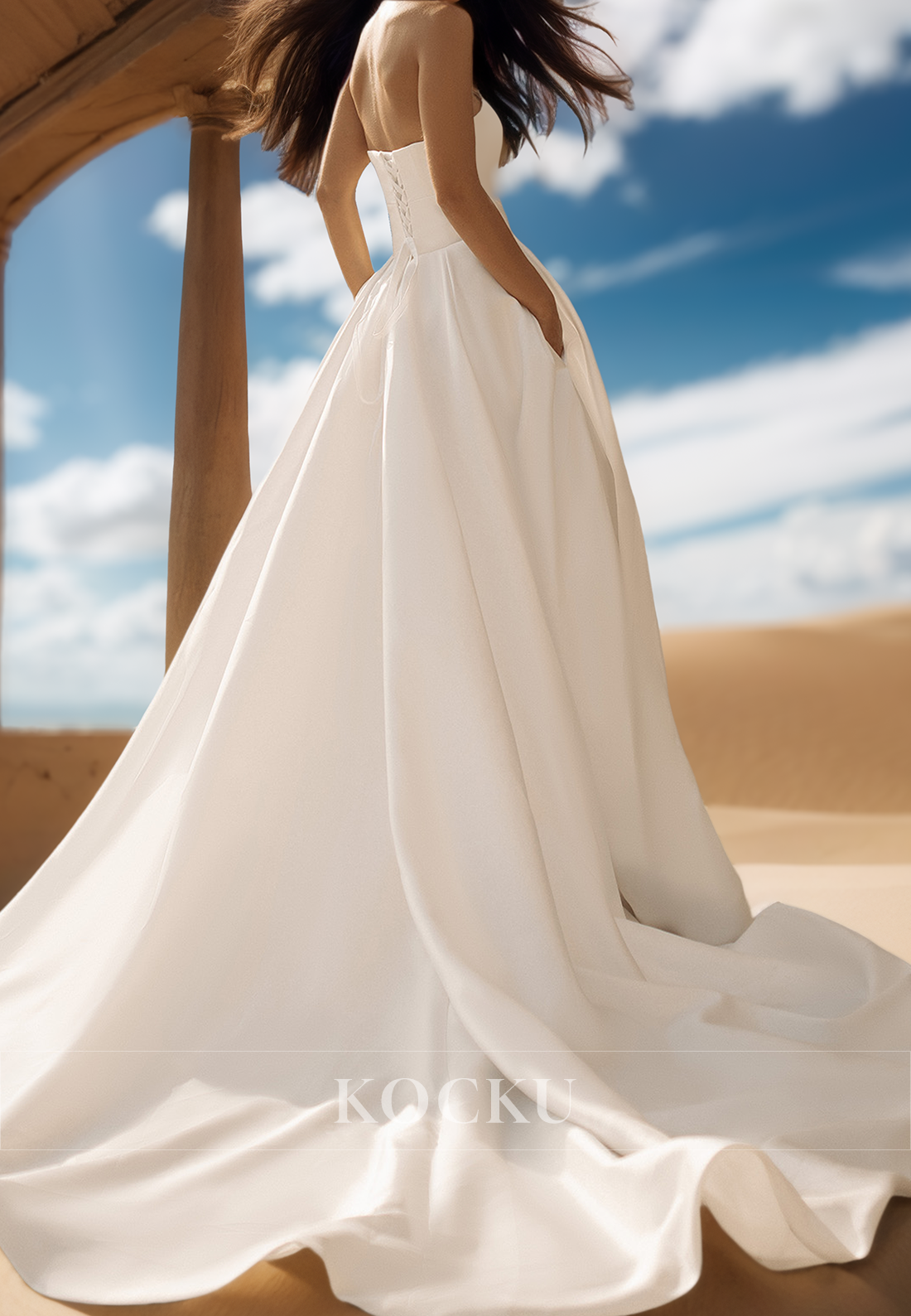 Simple Strapless A-Line Gloves Pleats Satin Beach Wedding Dress Boho Gown with Pockets