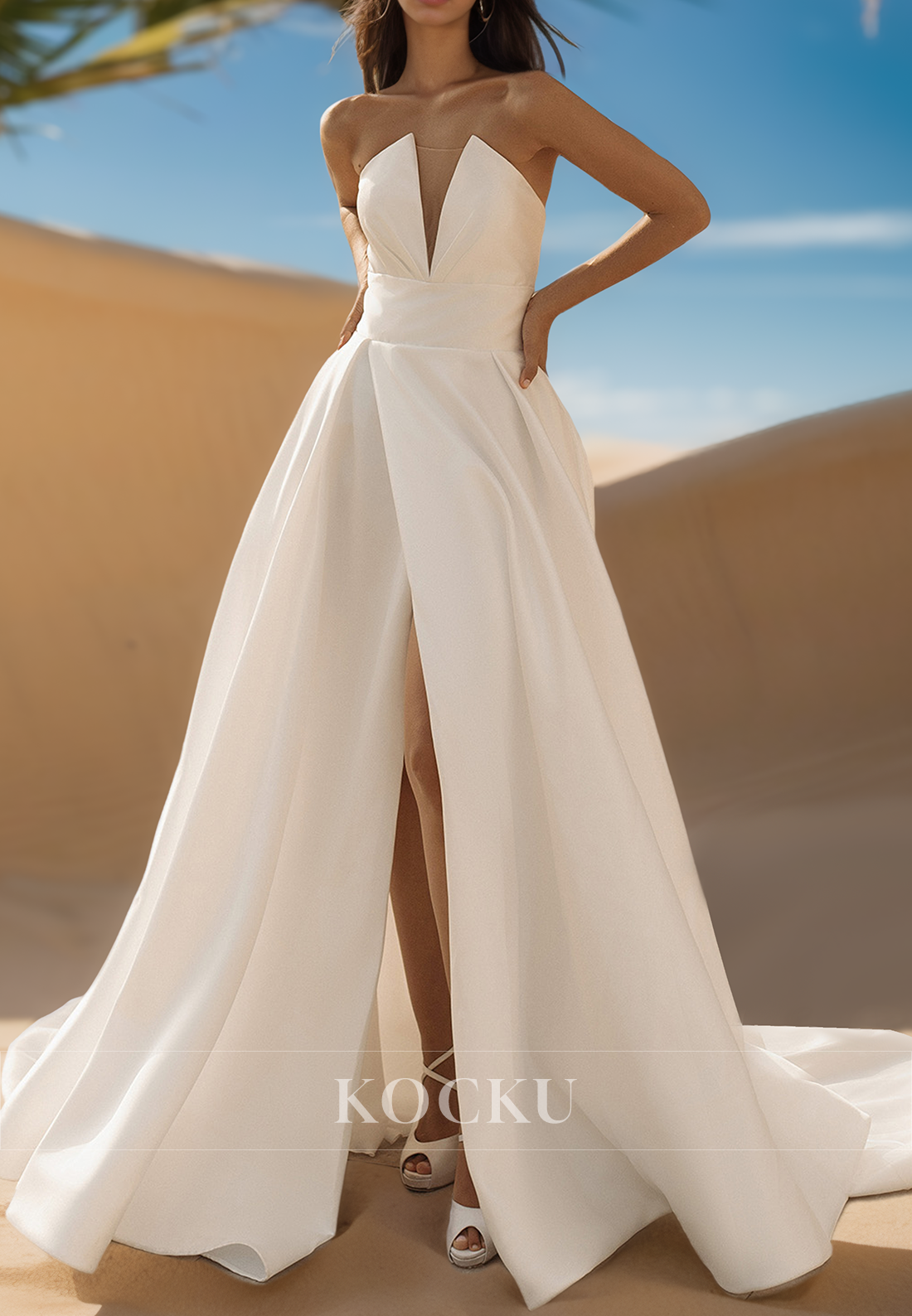 Simple Strapless A-Line Gloves Pleats Satin Beach Wedding Dress Boho Gown with Pockets