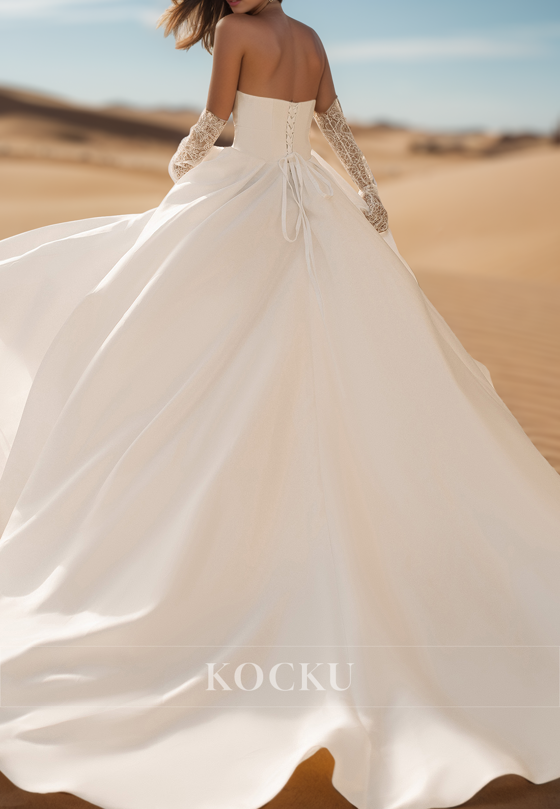 Simple Strapless A-Line Gloves Pleats Satin Beach Wedding Dress Boho Gown with Pockets